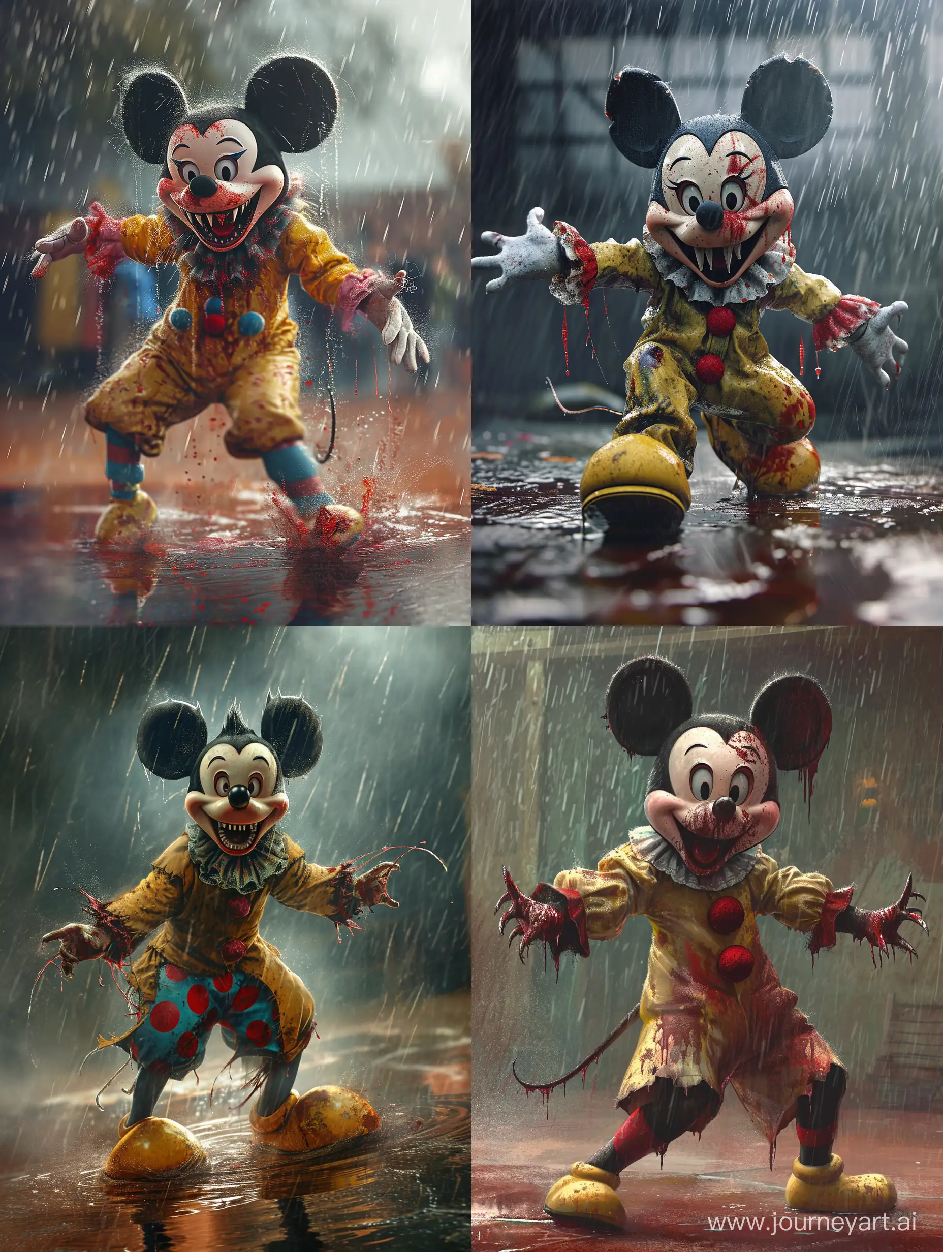 terrifying Mickey Mouse in a clown outfit dancing in the rain, sharp teeth, very evil, very angry, bloodstained outfit, digital paint style