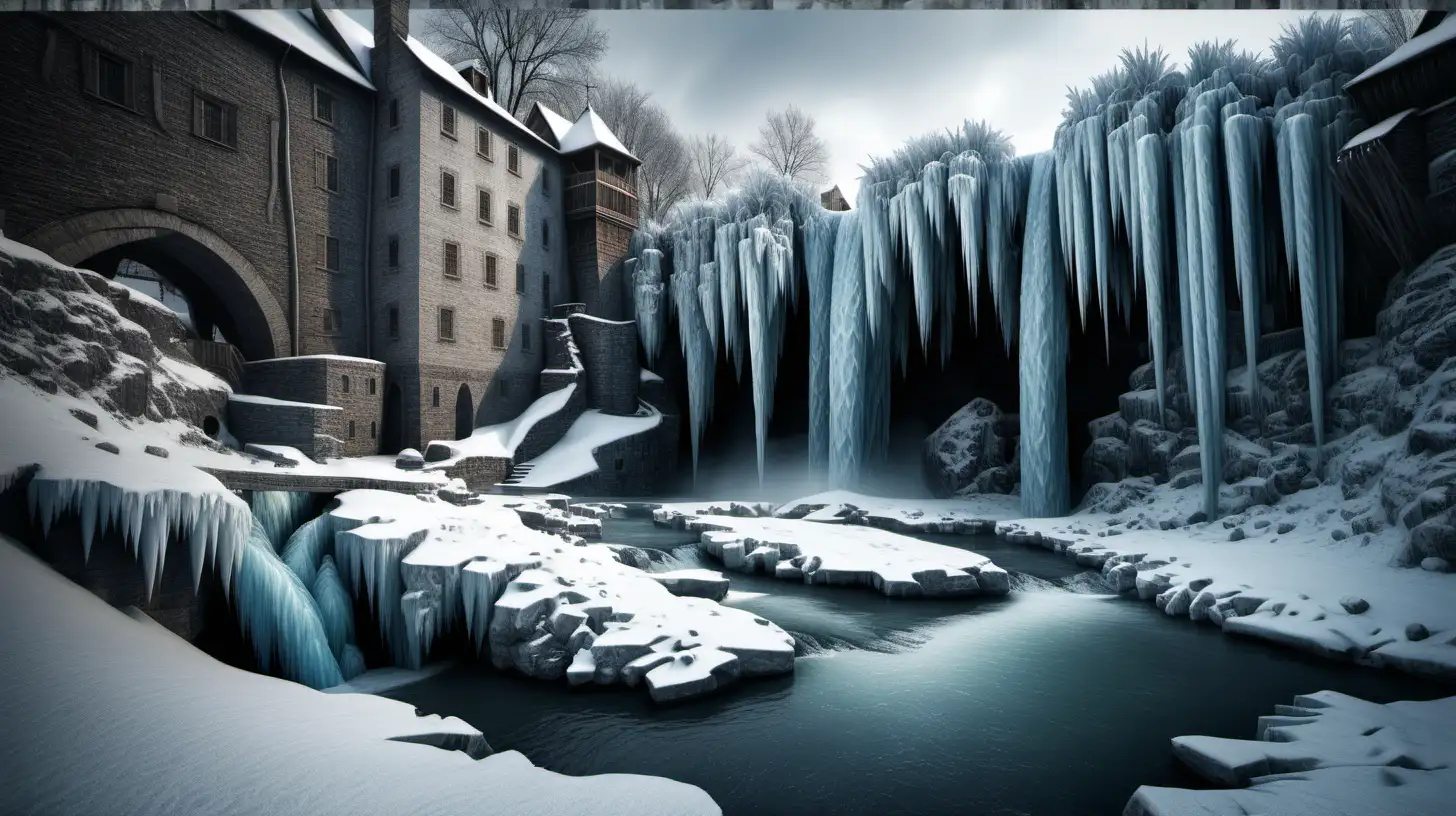A frozen waterfall next to a midel age village in the cold parts of the world. Highly detailed and sharp.