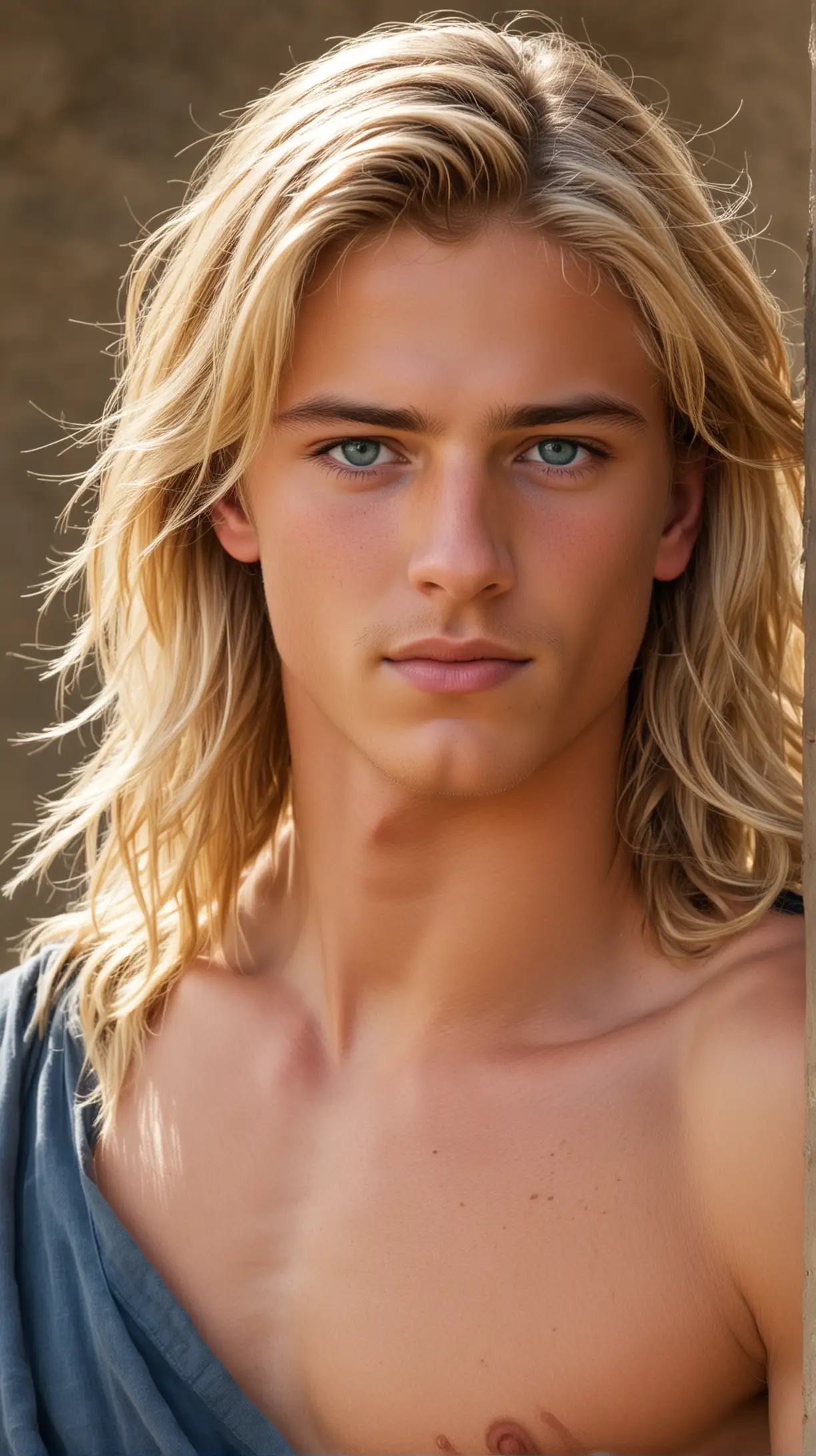very cute boyish 18 year old young Spartan slave boy, tanned beautiful, slim and lean, with very long blond wavy hair, and blue eyes