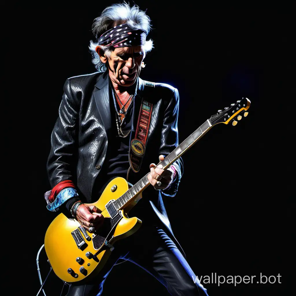 Keith Richards from the Rolling Stones jamming it up with his guitar, realistic detailed features, colored stage lights, black background, full body