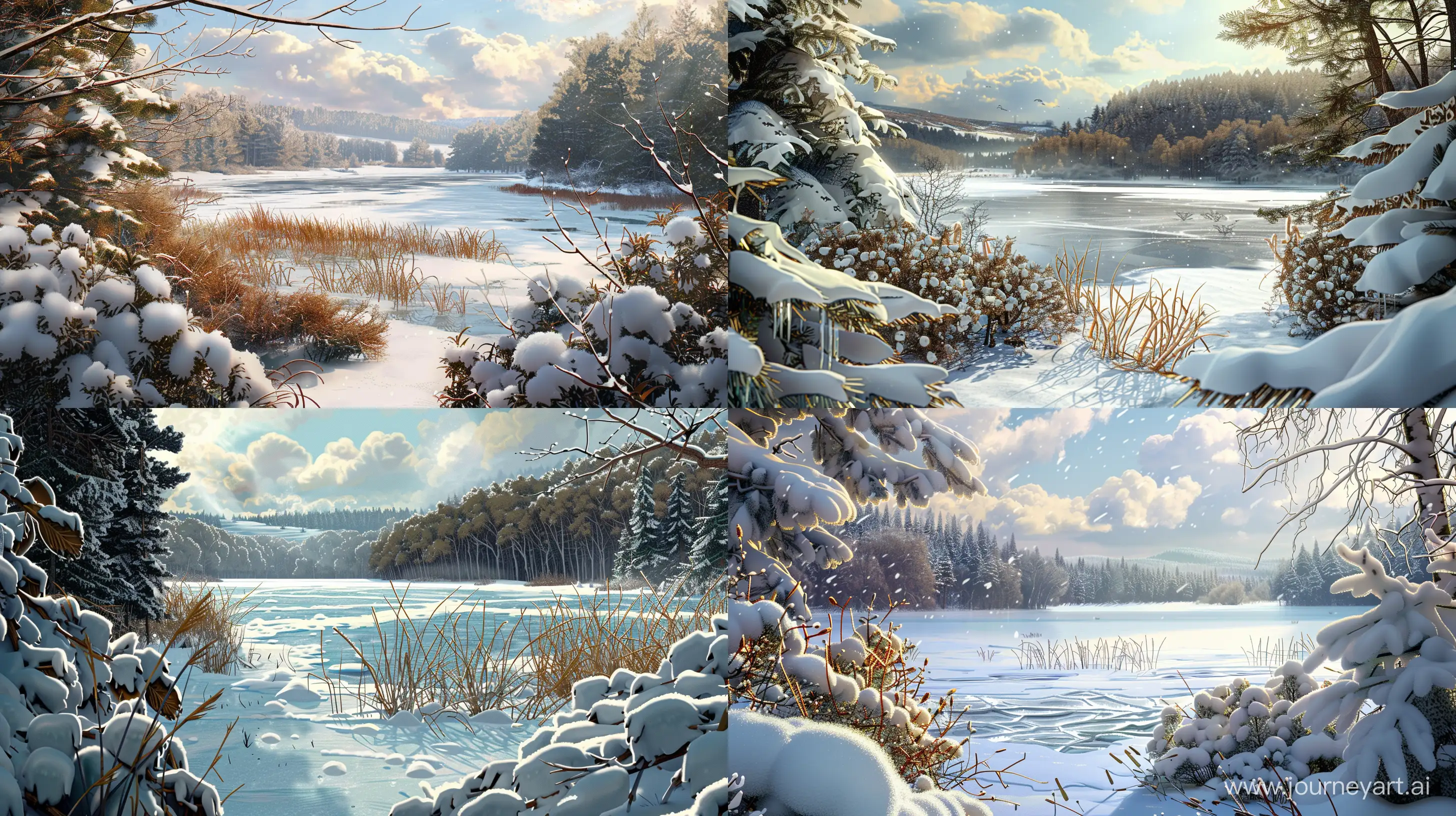 2D illustration, winter landscape, in the foreground there are snow-covered trees and bushes, in the middle ground there is a frozen lake, dried blades of grass grow along the edges of the lake, the weather is sunny, but clouds are approaching, forest and hills are visible in the distance, the aura of the onset of winter and cold weather, artstation style, 2D  style, --ar 16:9