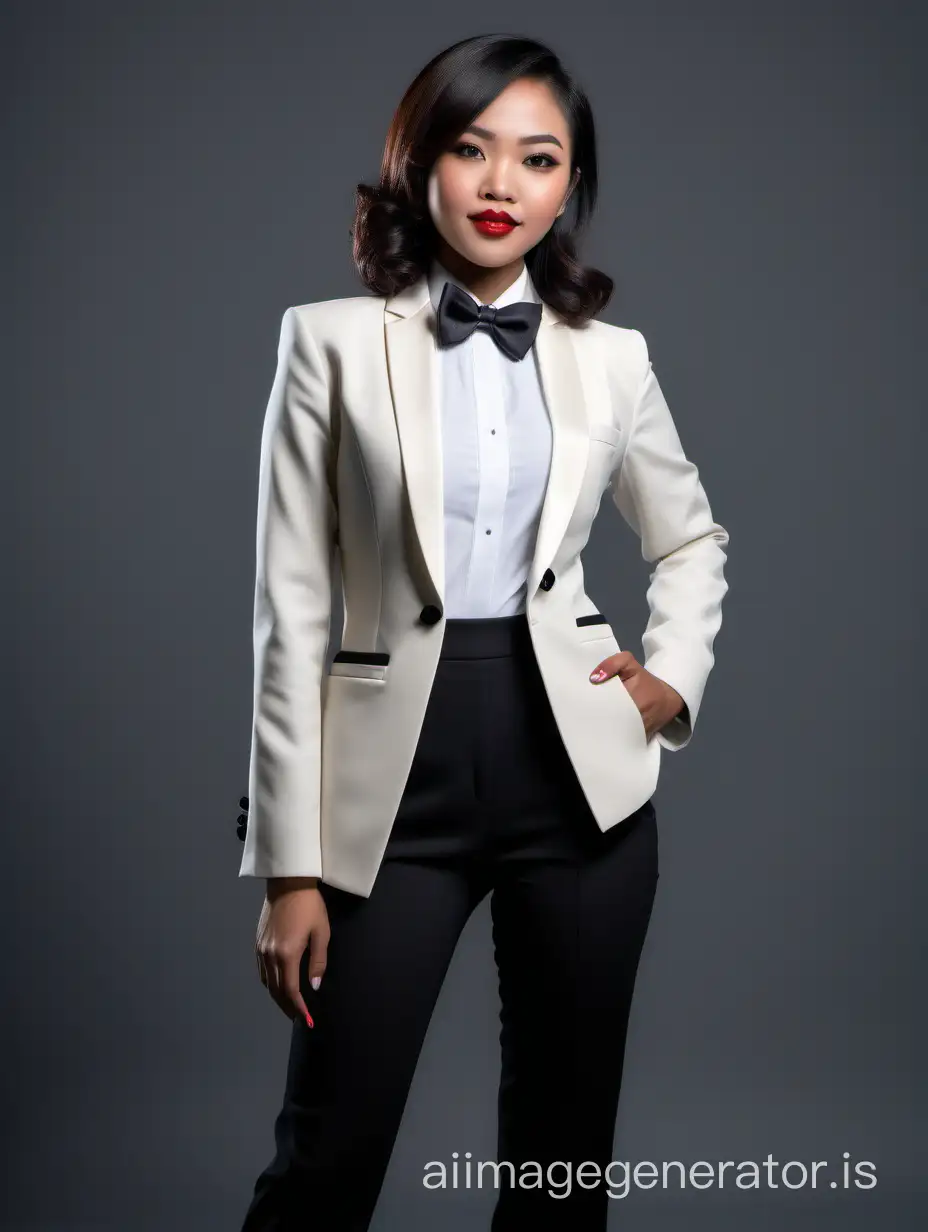 cute and sophisticated and confident indonesian woman with shoulder length hair and lipstick wearing an ivory tuxedo with black pants and with a white shirt and a black bow tie.  Her hands are in her pants pockets.