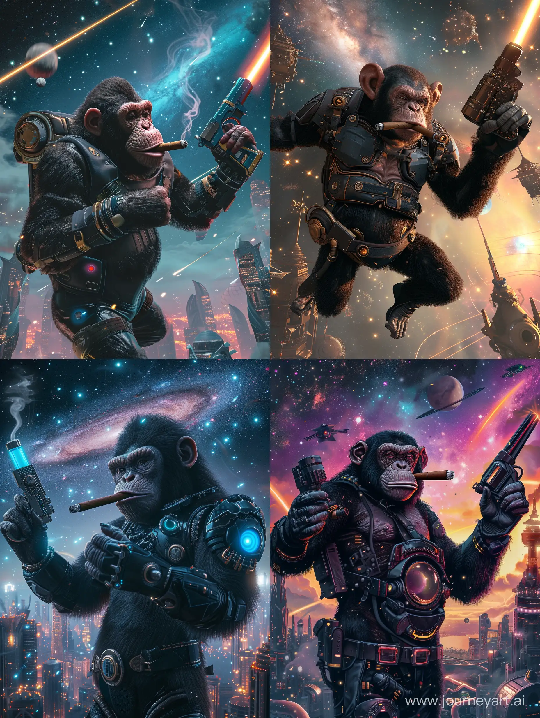 Floating steampunk ape smoking cigar holding futuristic laser gun in a cyberpunk themed space suit with space city stars and galaxy in background in high resolution