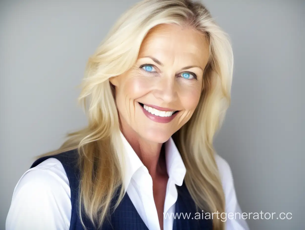 A beautiful Woman with
 blue eyes and blond straight hair in her 40's wearing a vest Smiling Looking happy facing the camera 