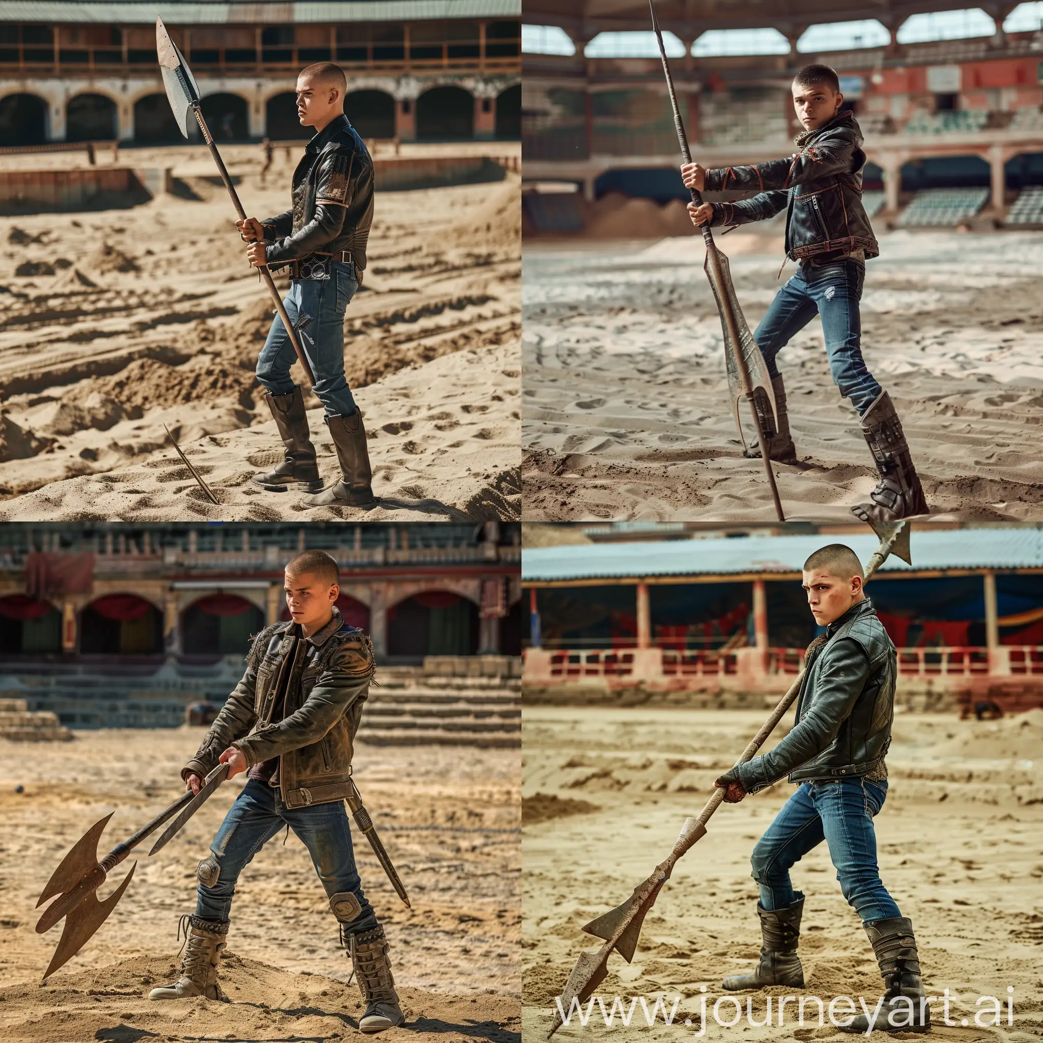  A young guy with a short haircut and wearing a leather jacket is standing in the sand arena. in his hands - a large three-meter spear, as well as in high boots and blue jeans. .