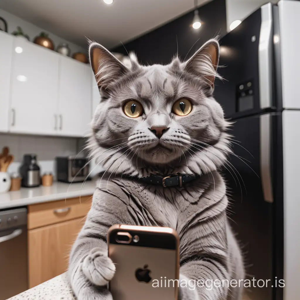 grey cat making selfie by his raised pawn. fridge full of mice at background, detailed fur, depth of field, medium contrast, 8k hires photo