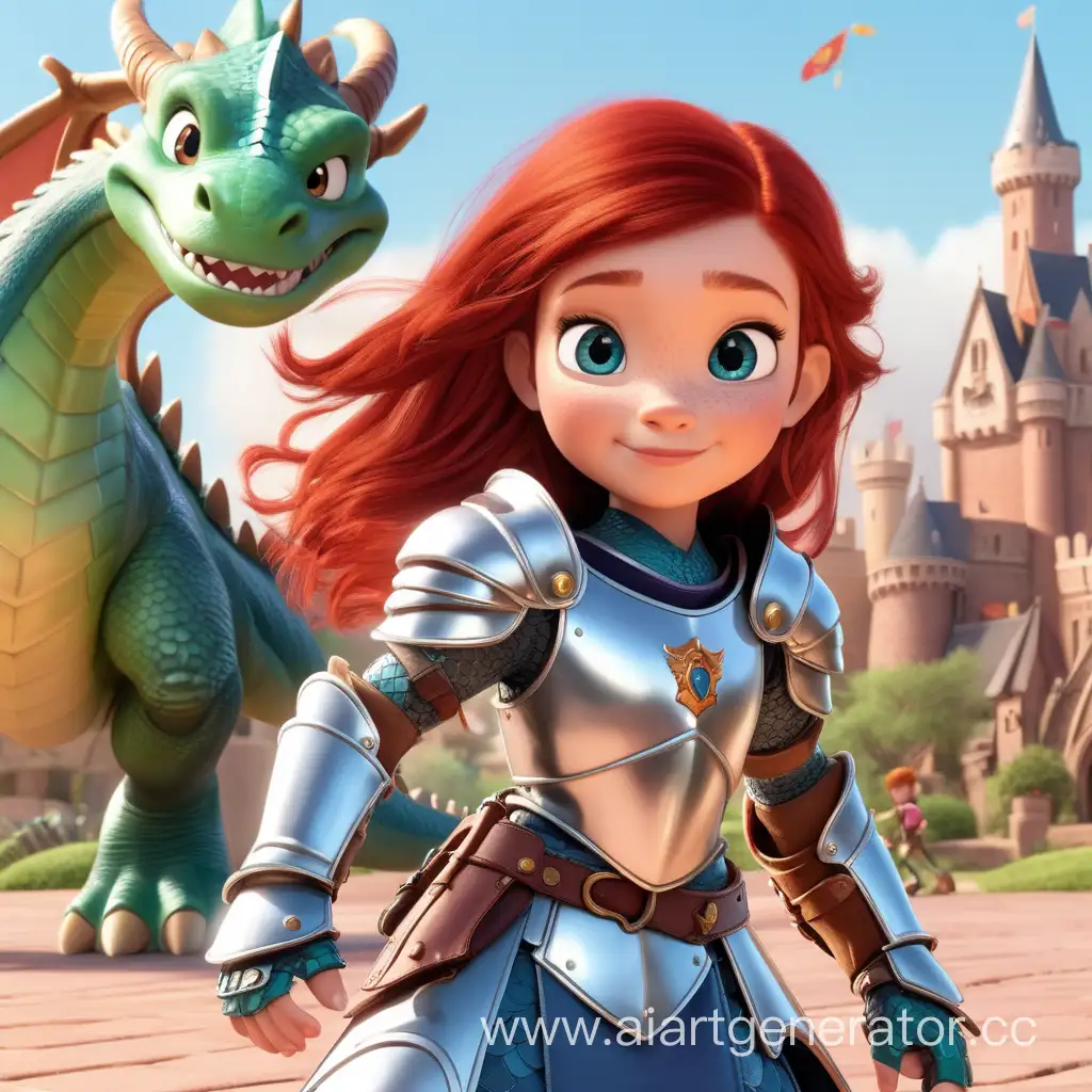 Девочка принцесса с русыми волосами милаяв доспехах спасает мир от дракона в стиле пиксар