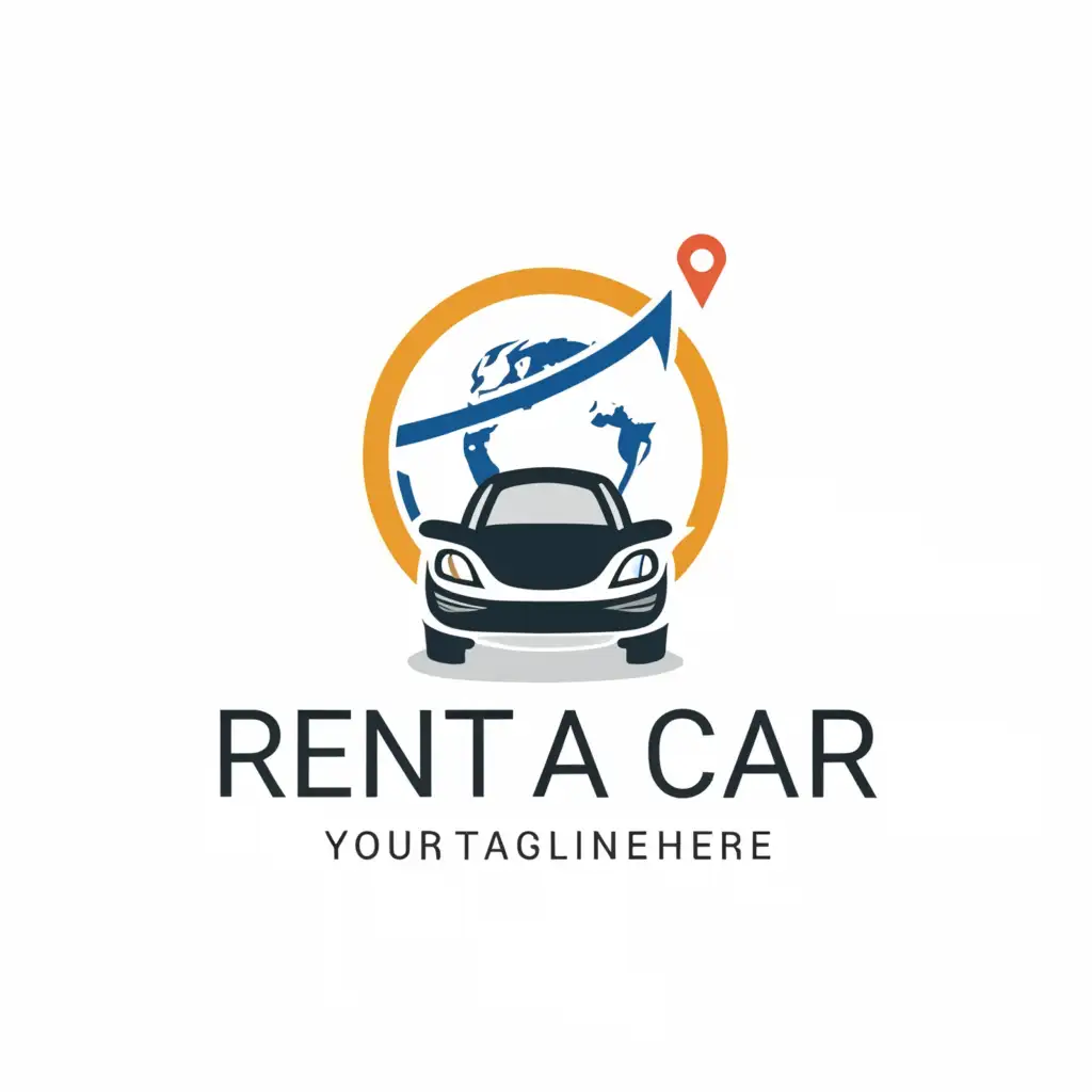 a logo design,with the text "Rent A Car", main symbol:car, world map, map pin,complex,be used in Automotive industry,clear background