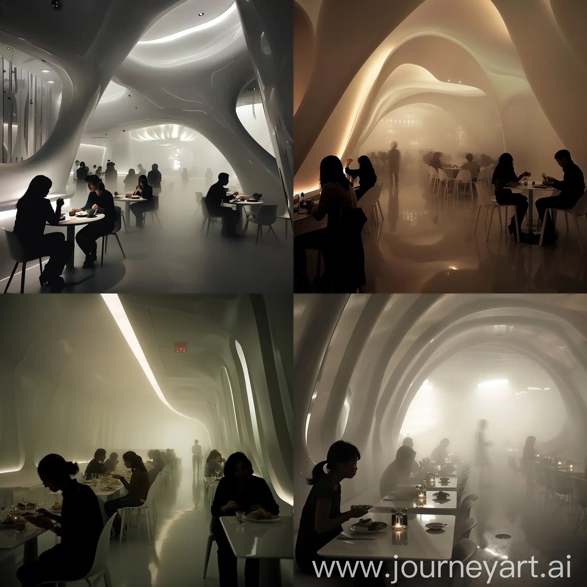restaurant minimal interior, zaha hadid style, white, fog, people eating, dark, film aspect ratio