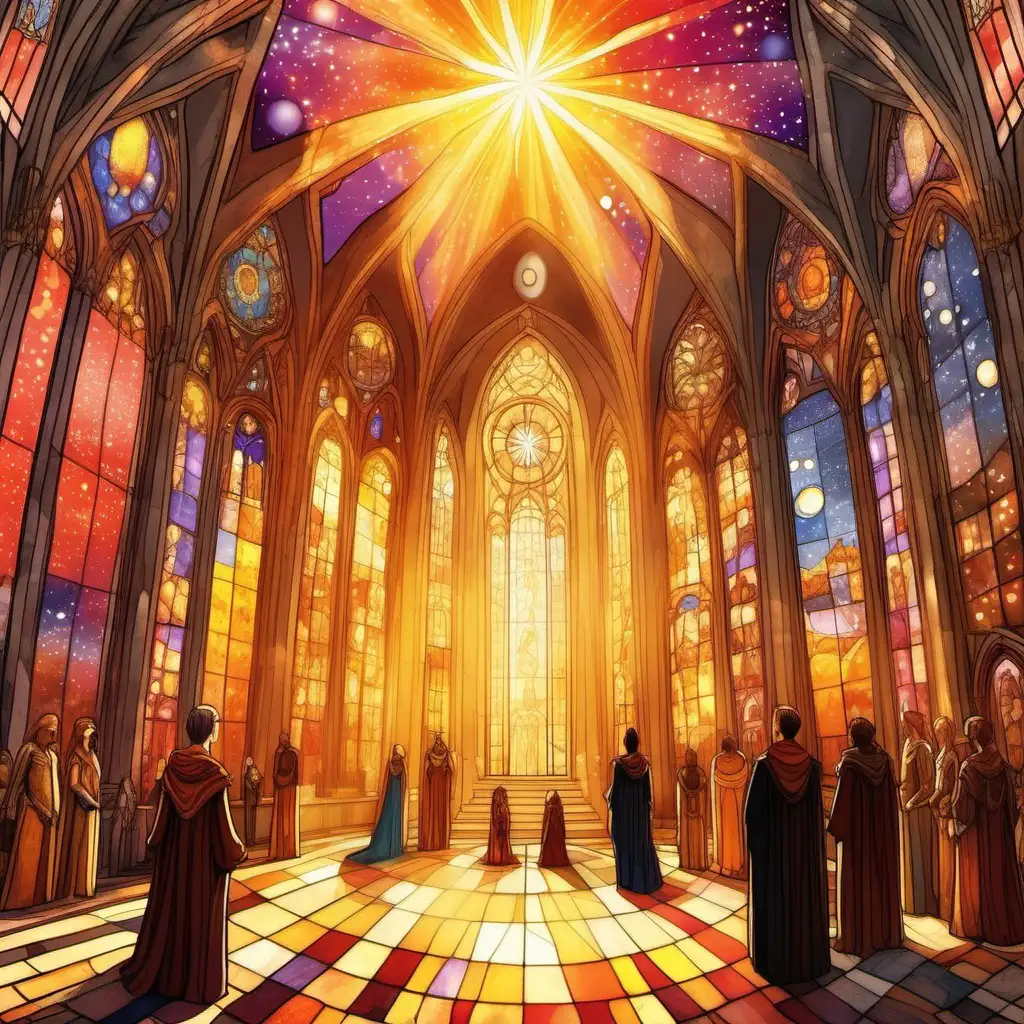 a celestial court based on the sun, dreamy fantasy world, warm colors, reds, oranges, yellows, solar, golden, throne, court of tan skinned black haired people, wonder, kingdom court, tall cathedral stained glass windows, brilliant sun rays, sparkling sunlight, 