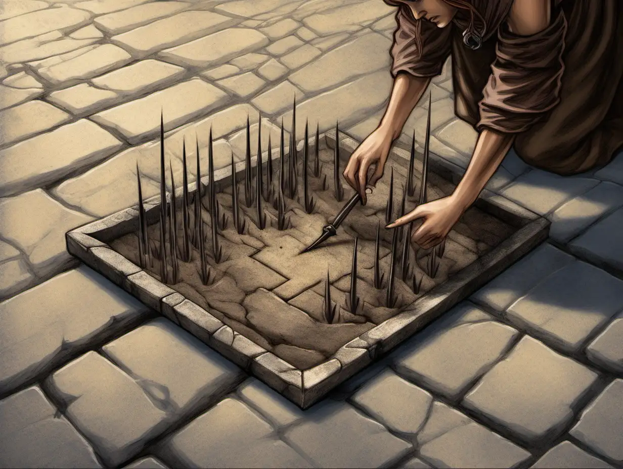 female hand setting spike trap on the pavement, Medieval fantasy painting, MtG art