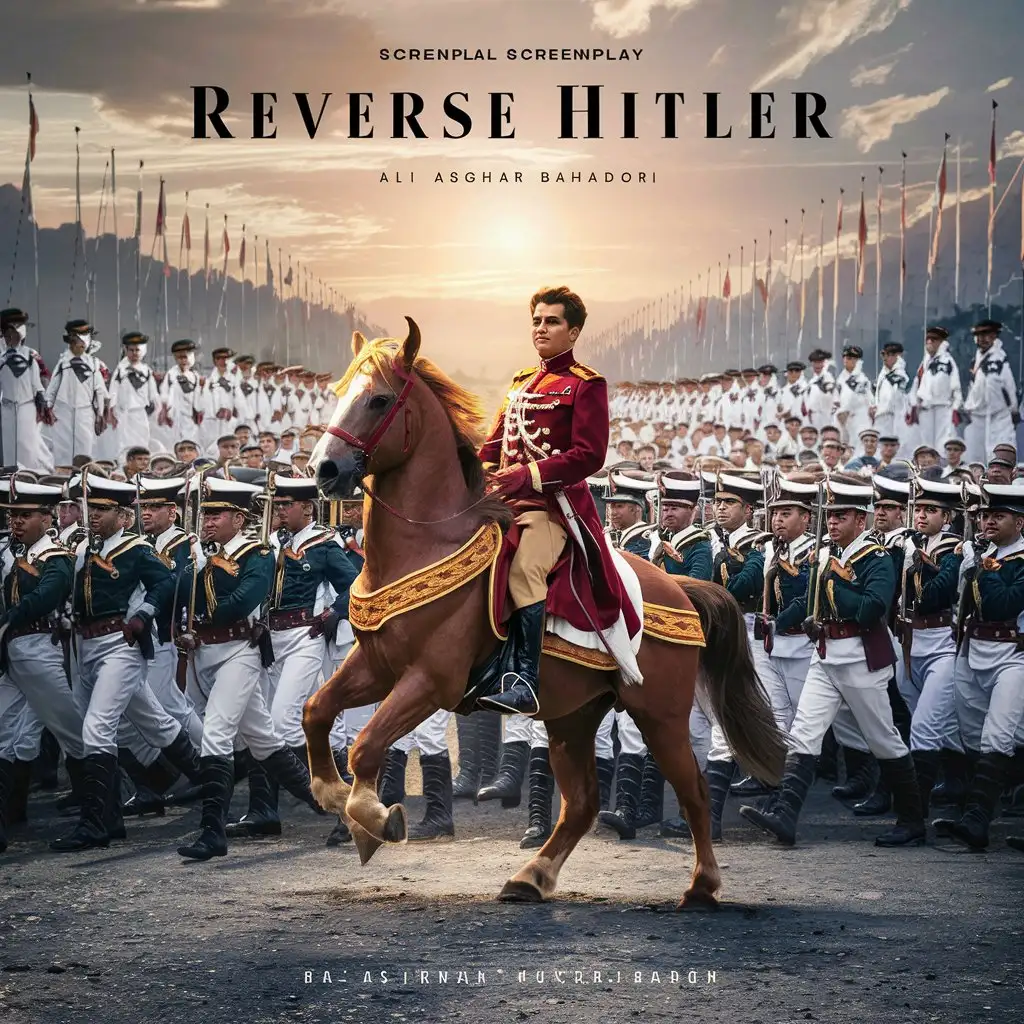 A screenplay called Reverse Hitler and written by Ali Asghar Bahadori . In the picture, a large army of naval officers are marching in the armed forces parade, and their 24-year-old young king is riding a horse in front of them in red army uniform and royal rank.