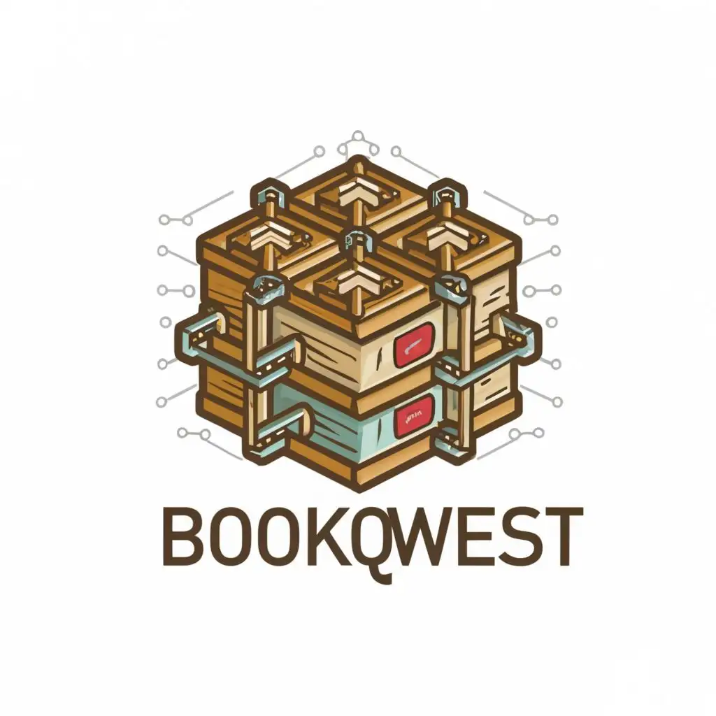 logo, antique book, block chain 6 sided technology symbol, video, white background, with the text "BookQwest", typography, be used in Entertainment industry