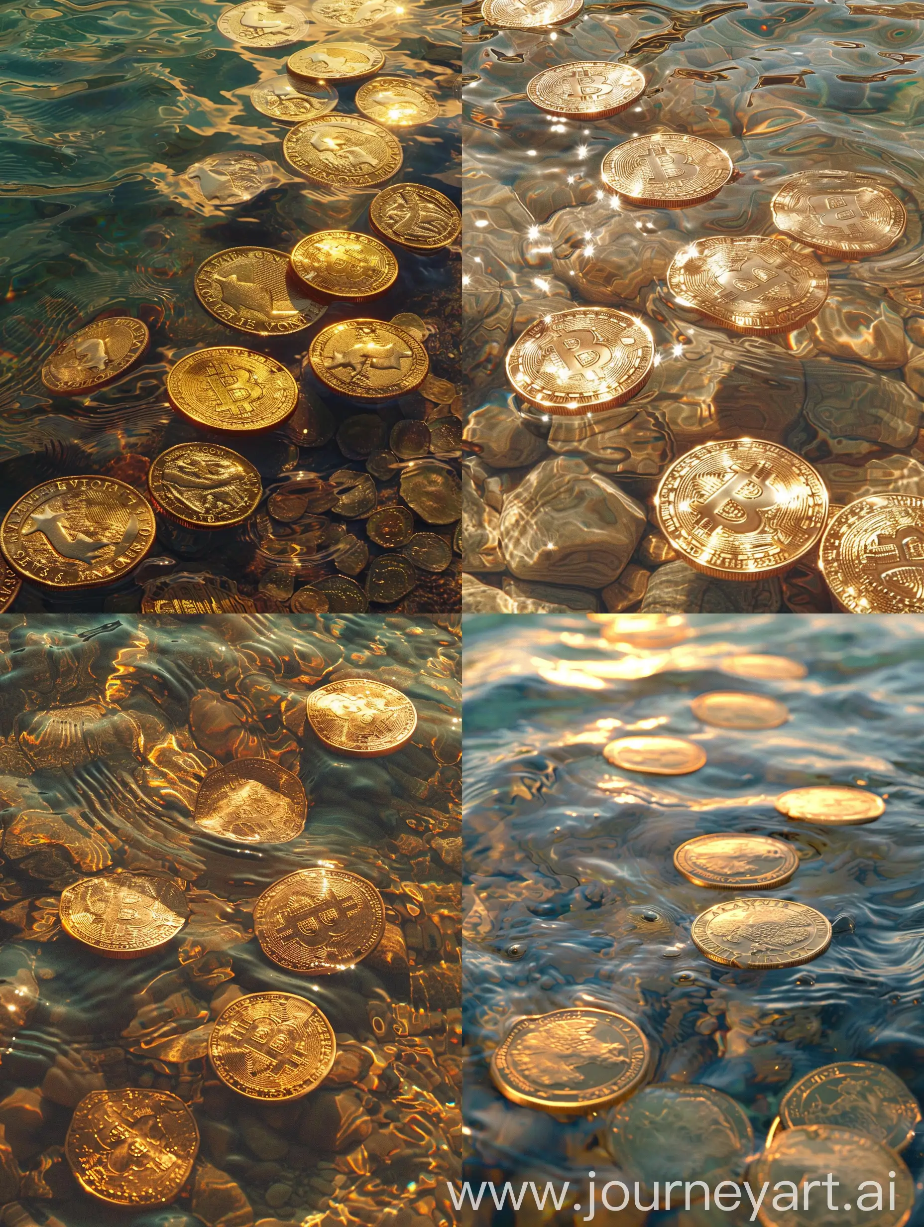 波光粼粼的水是浅金色的，水中有10个大金币，风格逼真，梦幻主义，浅金色和金色，超清晰 