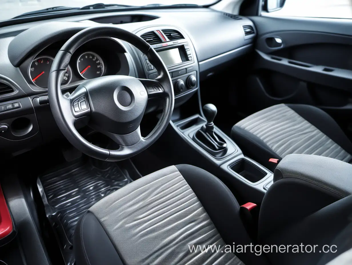 Interior of a budget, economical, modern car, inexpensive plastic materials, rubber, metal