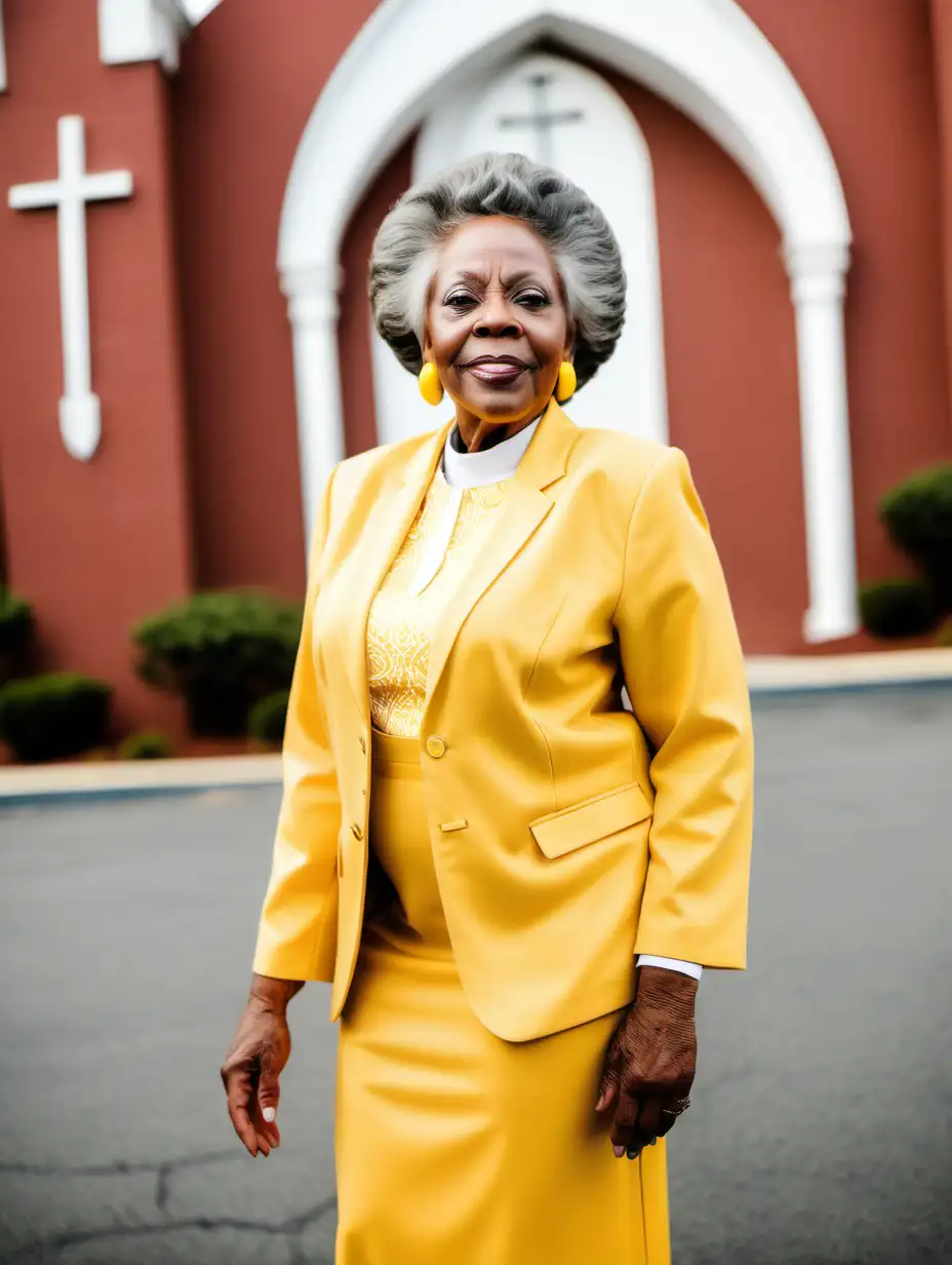 A beautiful african american elder black woman with a yellow church outfit on
