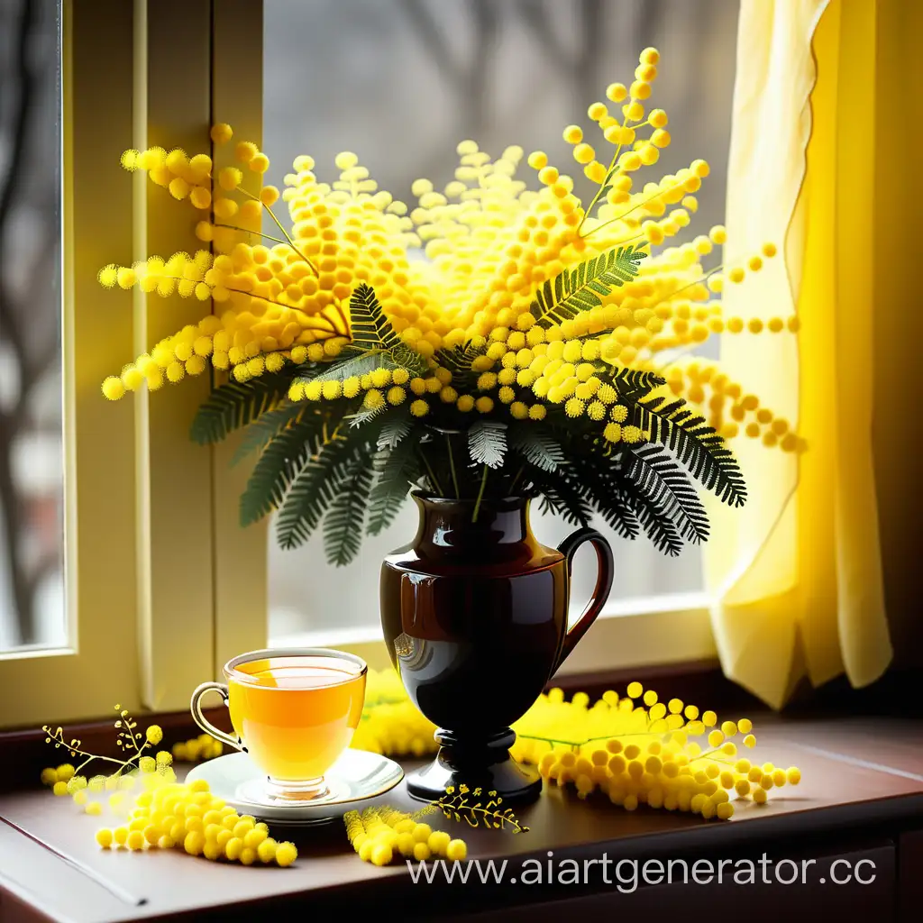 Springtime-Scene-Yellow-Mimosa-Bouquet-and-Brewing-Tea