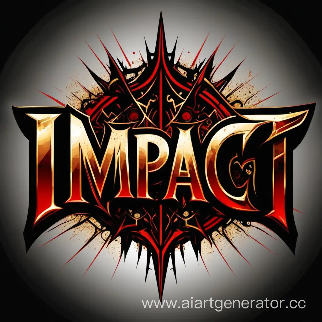 Логотип слова Impact в готическом стиле цвета черный красный золотой