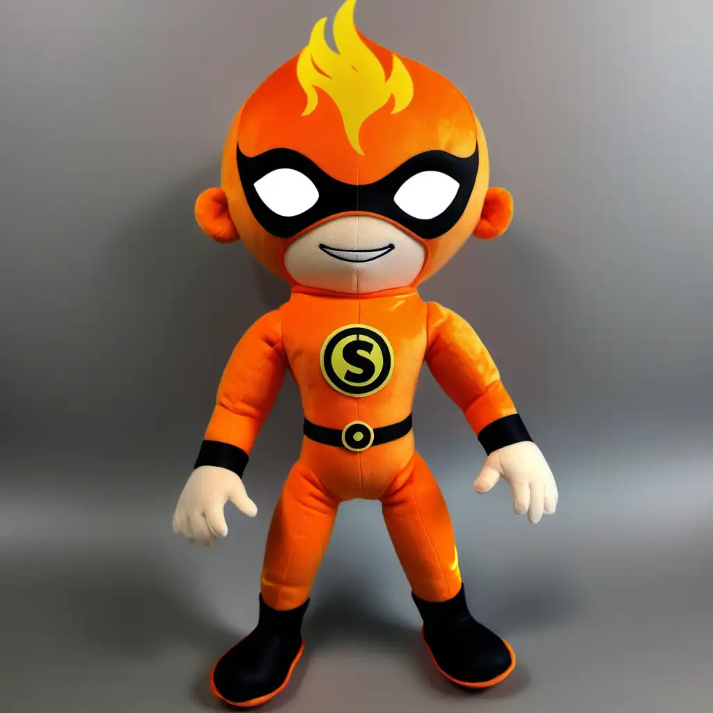 super hero plush toy , boy , strong , happy , skinny arms ,skinny legs, big muscles , no cape , BADGE with PS symbol . Orange suit with fire symbols and flames , Mask 