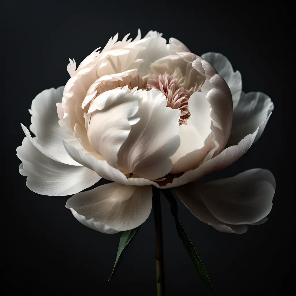 single cream coloured peonie flower very realistic on a solid white background in a moody tone