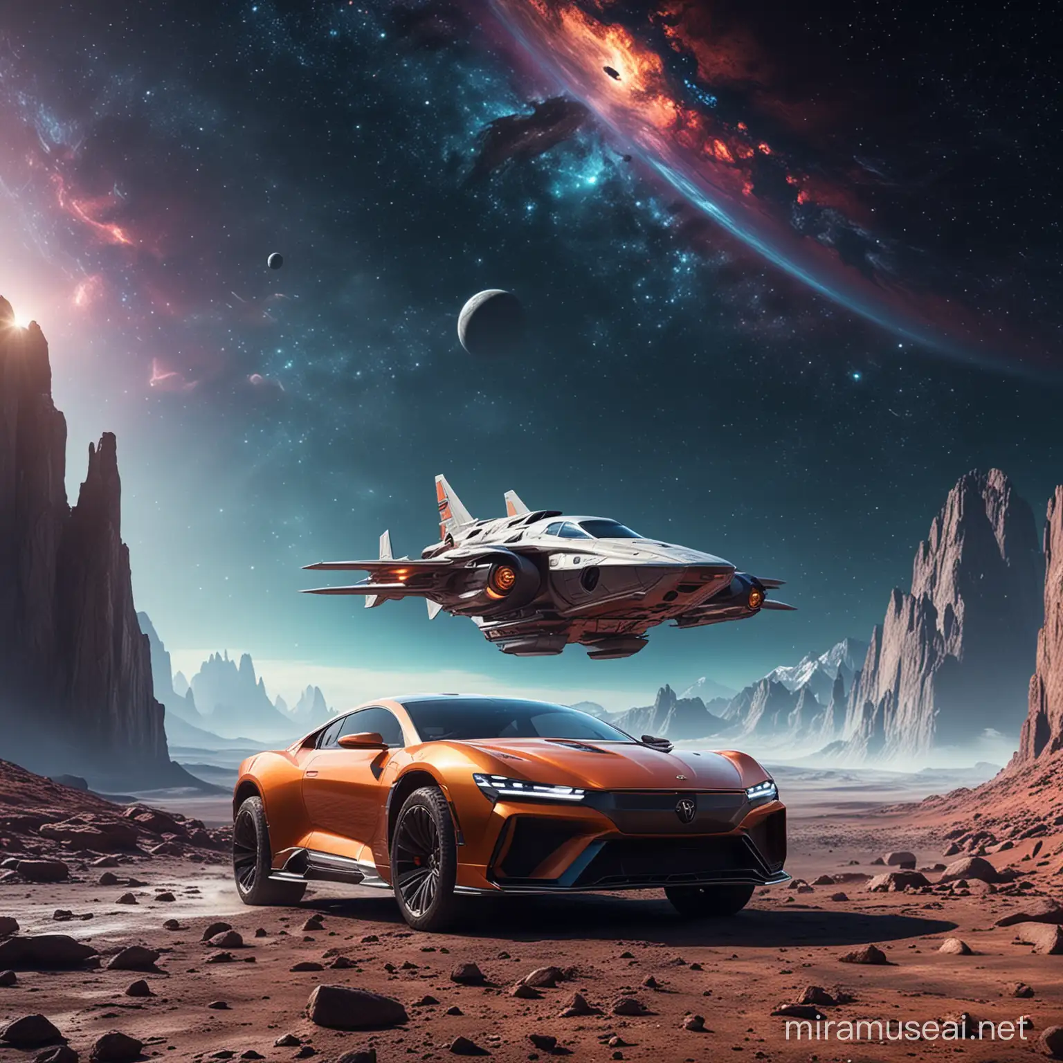 A luxury car in space, colorful atmosphere, rocky mountainous area, space ship at distance, realistic 