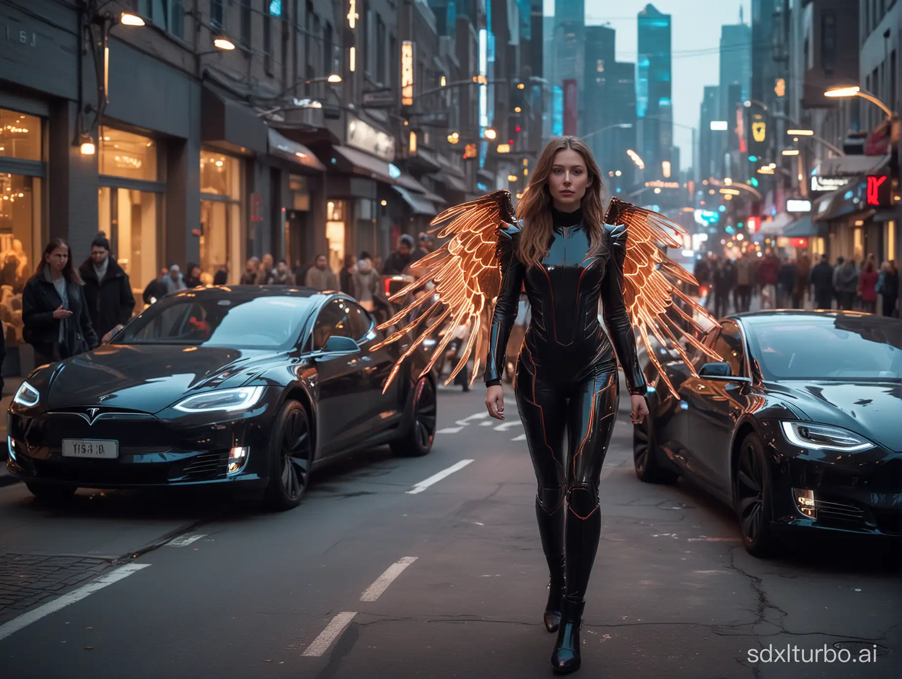 In a futuristic city, where neon lights glow brightly, a woman with long light brown hair sways gently in the wind while her blue eyes reflect a look of concern (as if someone is following her). Dressed in a black (futuristic) suit with neon lights (like the movie Tron Legacy). With a pair of glowing wings unfurling from her back. Brightly coloured wings, large wings. He walks sideways to the left around a lot of people, oersines walking beside him, ordinary people, with normal clothes (women, old people, children, men). In the background, a TESLA CAR. Tesla car in the background. Tesla car seen from the front (in the background) ADD MORE PEOPLE WALKING NEXT TO THE GIRL. Photograph, general shot. Slight blur. Intense colours.  Add wings on the woman's back. Woman in a modern city. Tesla car in the background (behind the girl in the background)