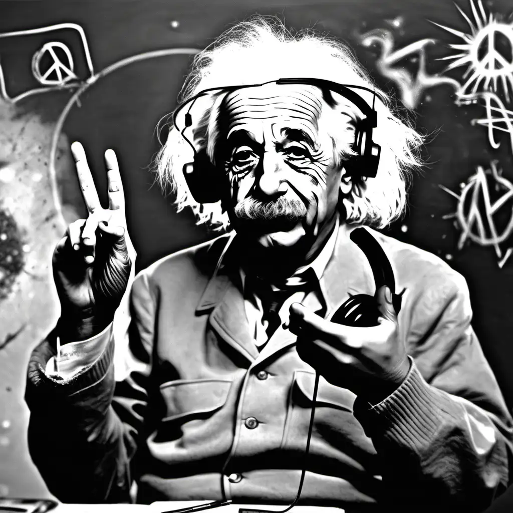 albert einstein  wearing  headphones, spray painting a peace sign 