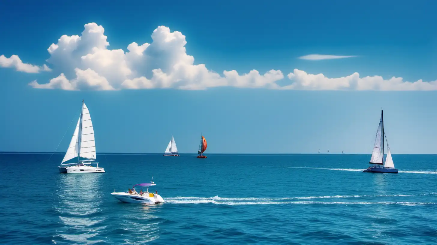 Sunny day, azur sea with sailing boat, pleasure motorboat and sailing catamaran all crossing, small waves, little white clouds