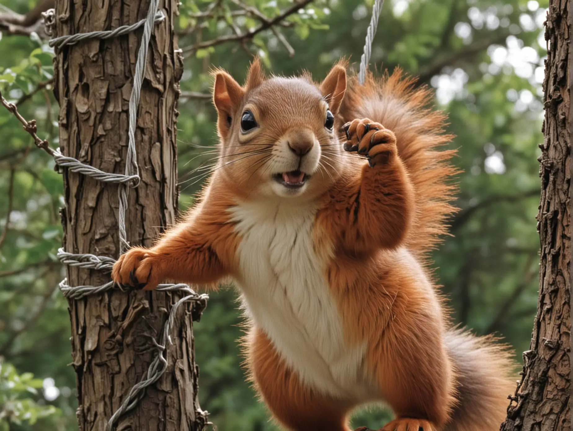 footage from a 1980s sci-fi dvd,  squirrel with human mannerisms, swinging on a vine