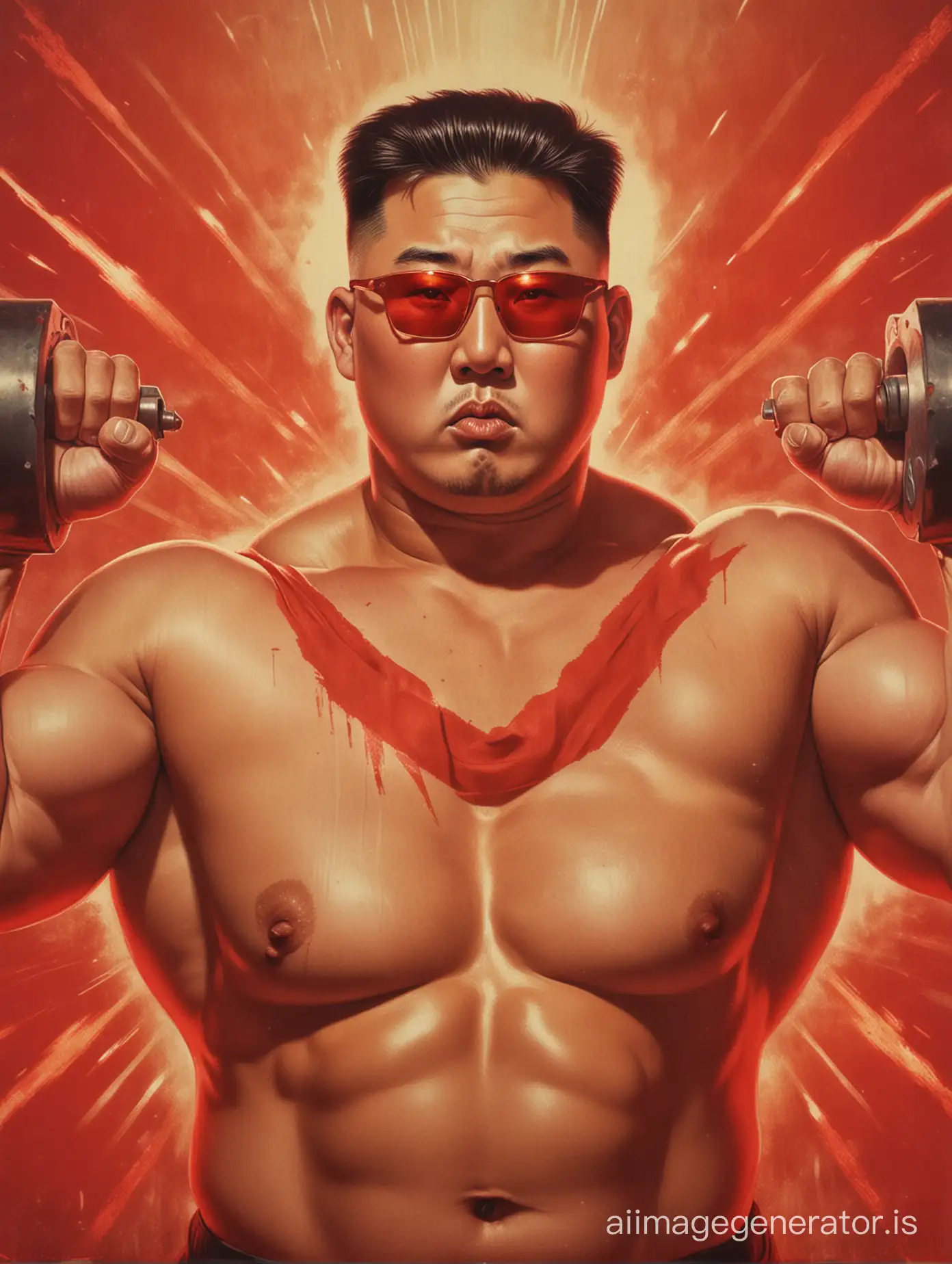 Portrait of Kim jong un as a bodybuilder with red lasers shining out of his eyes, in the style of a vintage North Korean communist propaganda poster