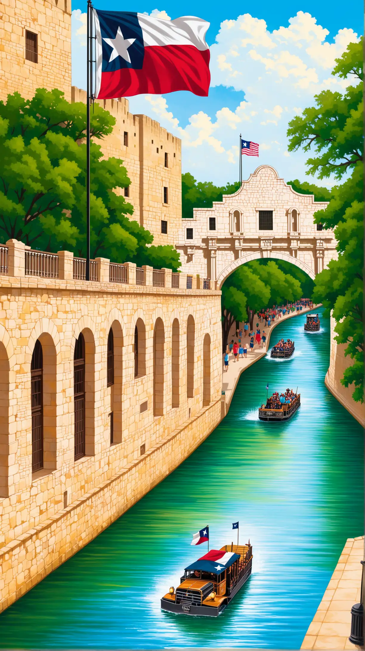 poster of alamo, texas flag and san antonio riverwalk