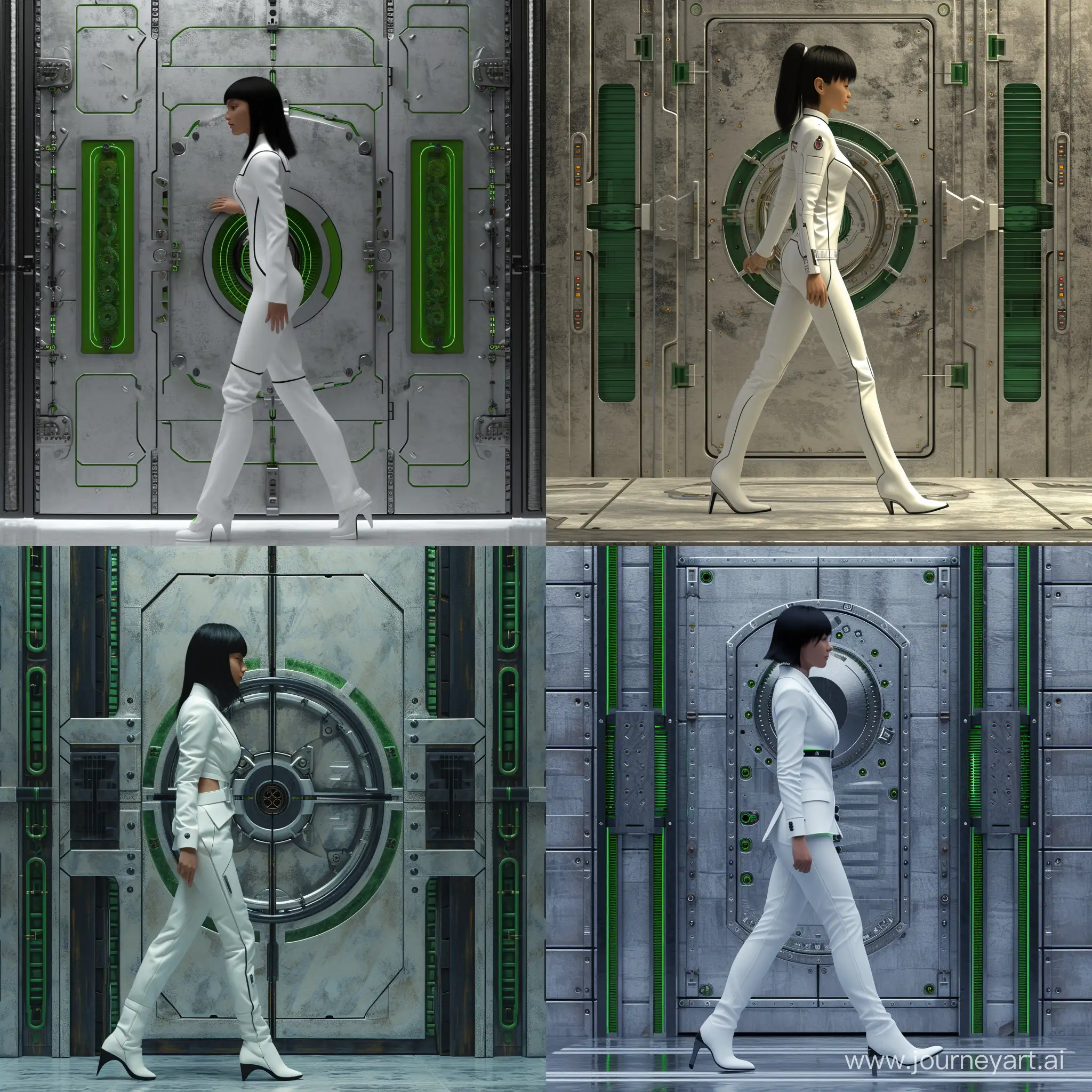 Futuristic-Android-Girl-Approaching-GreenAccented-Metal-Door-with-Core