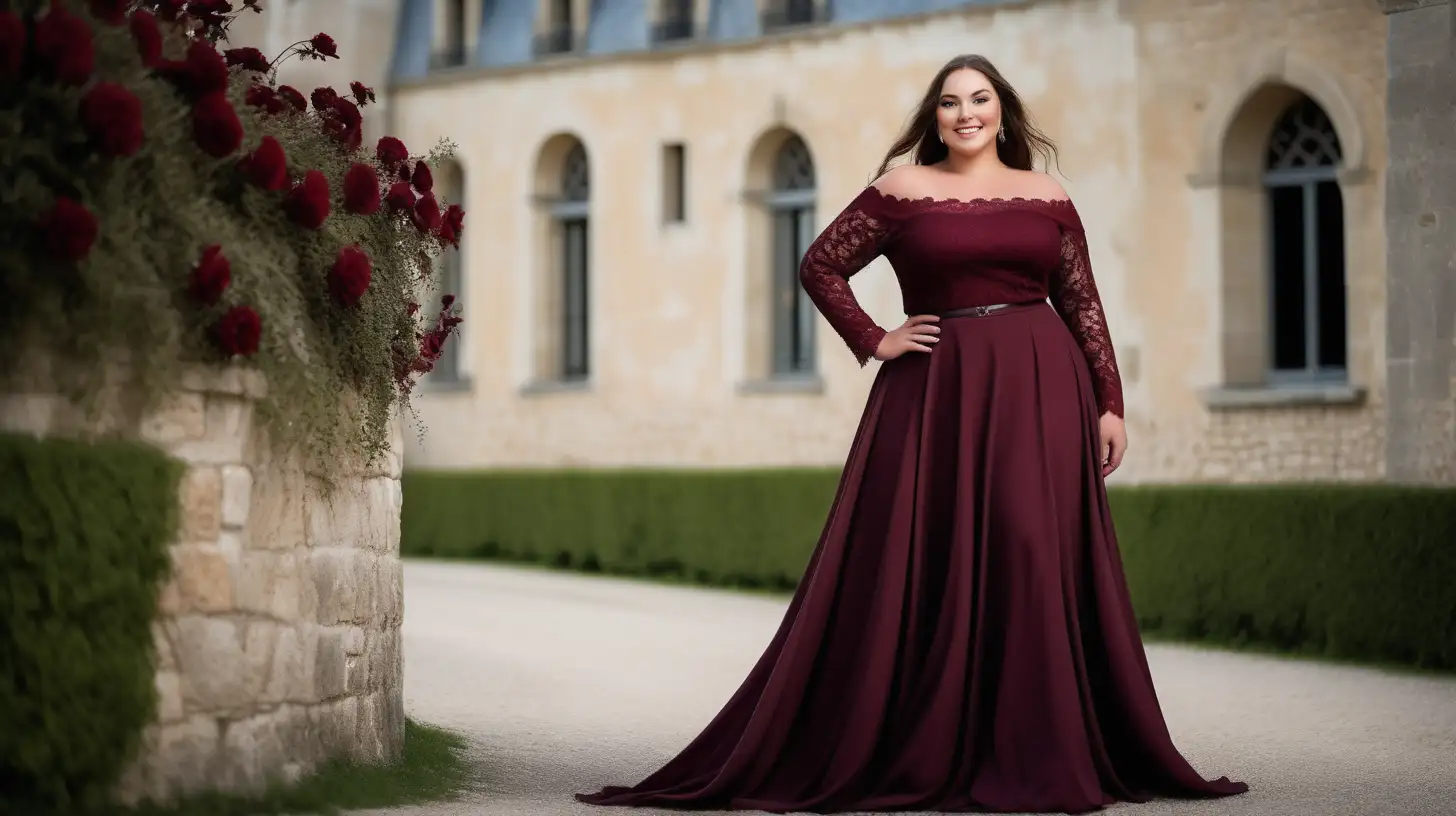 beautiful, sensual, classy elegant plus size model wearing a long lace deep burgundy color gown with a slightly flared skirt, lace deep burgundy color long slightly flared burgundy lace skirt,  skirt is made from the same lace fabric as a top, fitted burgundy bodice, off shoulder neck, long fitted sleeves, empire defined waistline with a waistband tonal to the dress, very slight romantic smile, no open teeth, hair is flowing in the wind, luxury photoshoot inside a castle in France, flowers in the background