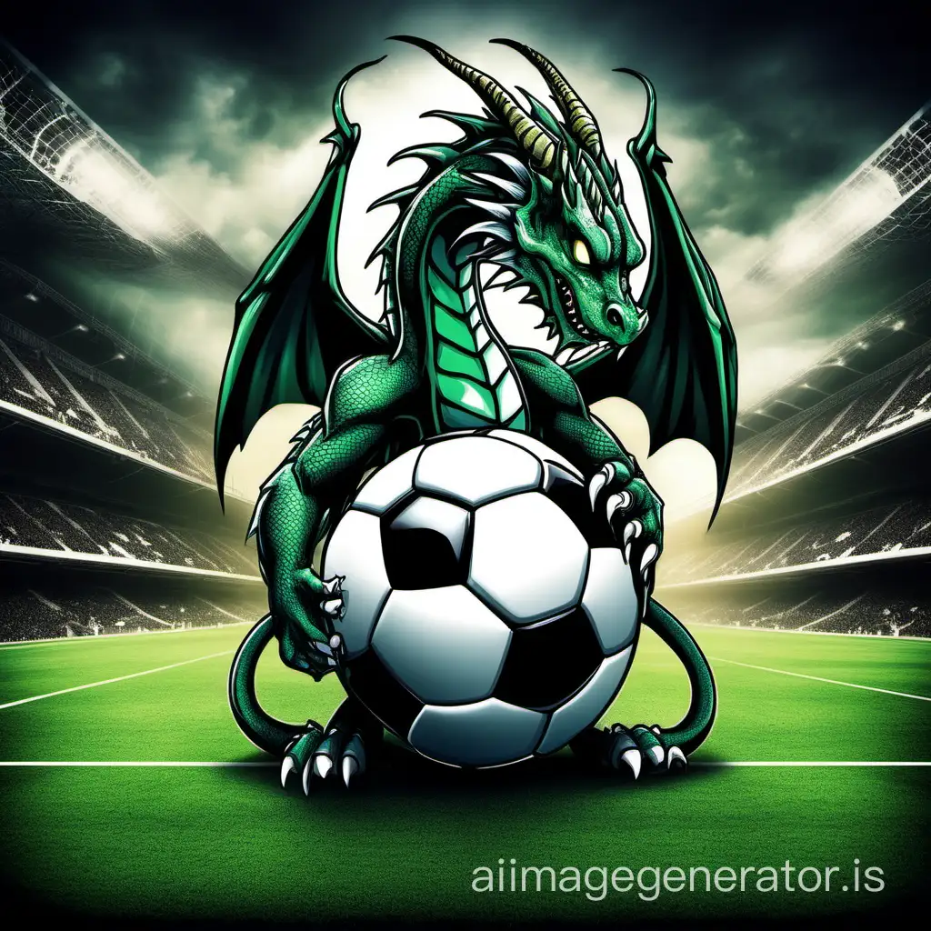 Please create an image of a dragon looking alive, with a soccer ball depicting the number 21, held by all four paws. The background should be black, with a soccer field beneath the dragon.