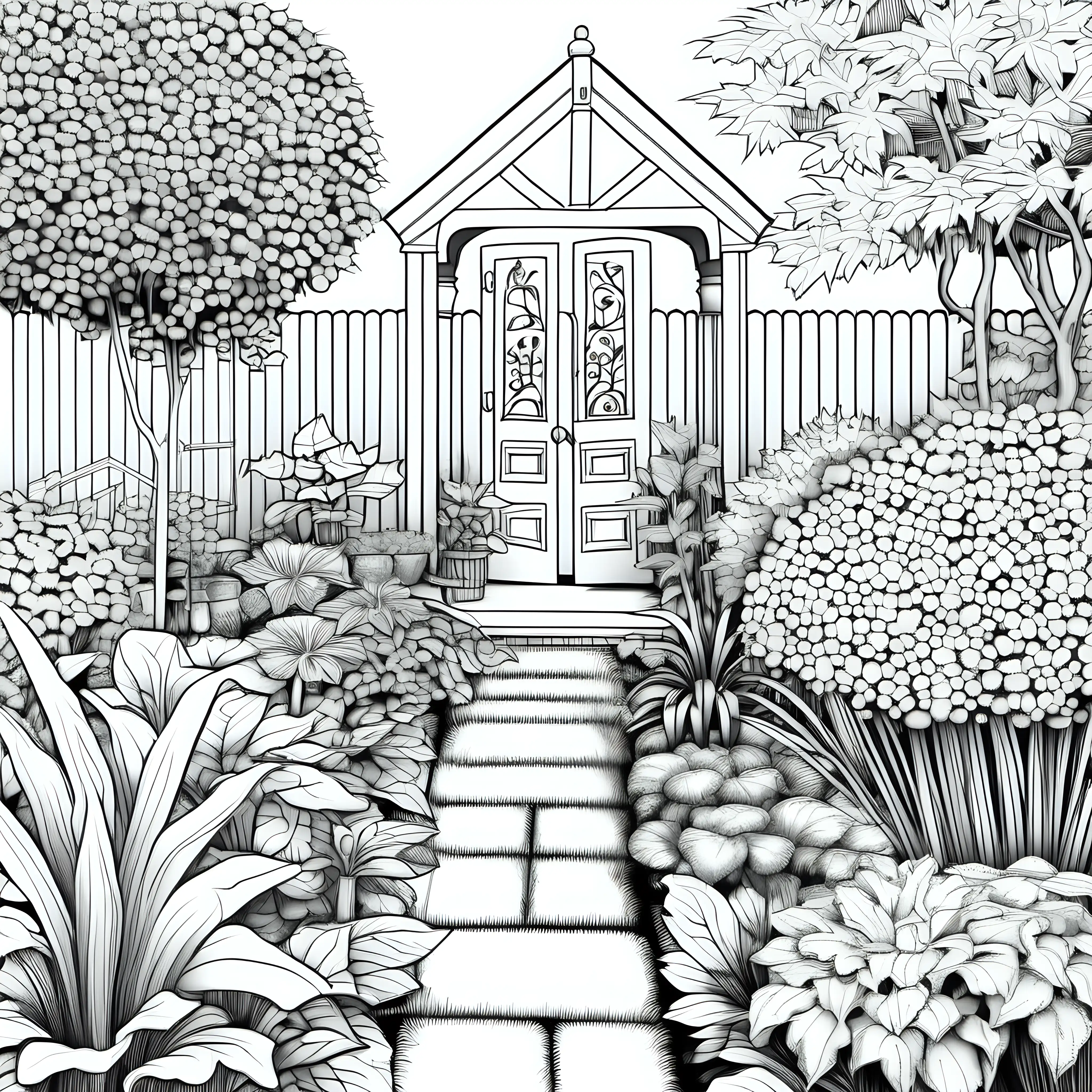 Vibrant Realistic Garden Coloring Page for Relaxation and Creativity
