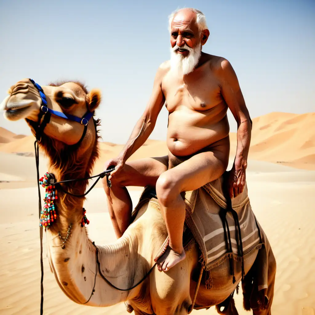  Naked old guy riding camel. No clothes 
