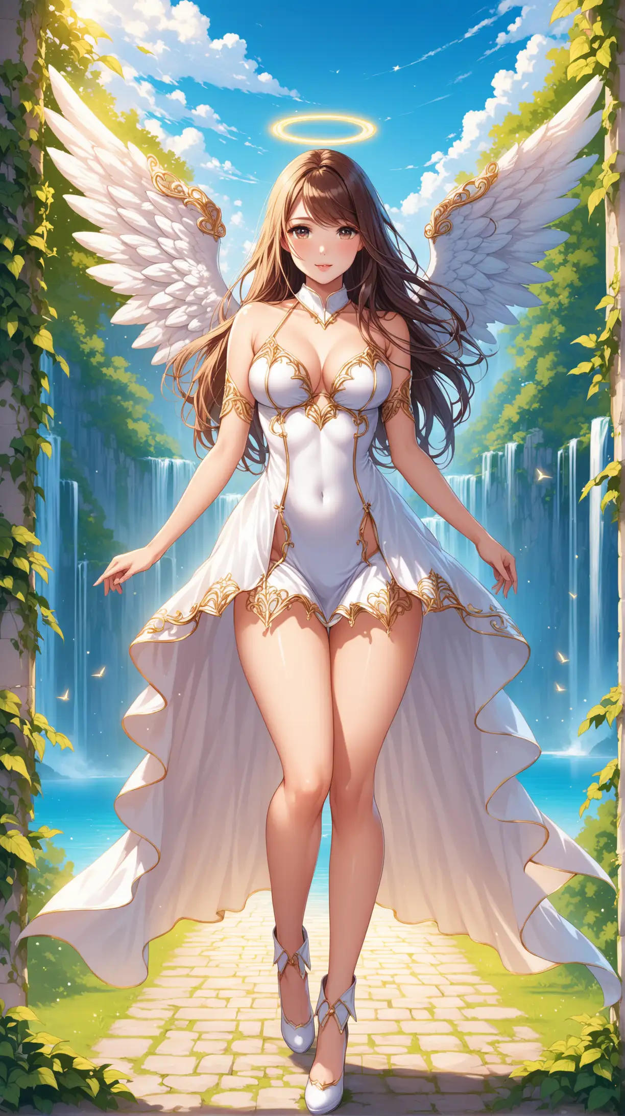 Sexy women, angel costume, long hair, short dress, fantastic background 