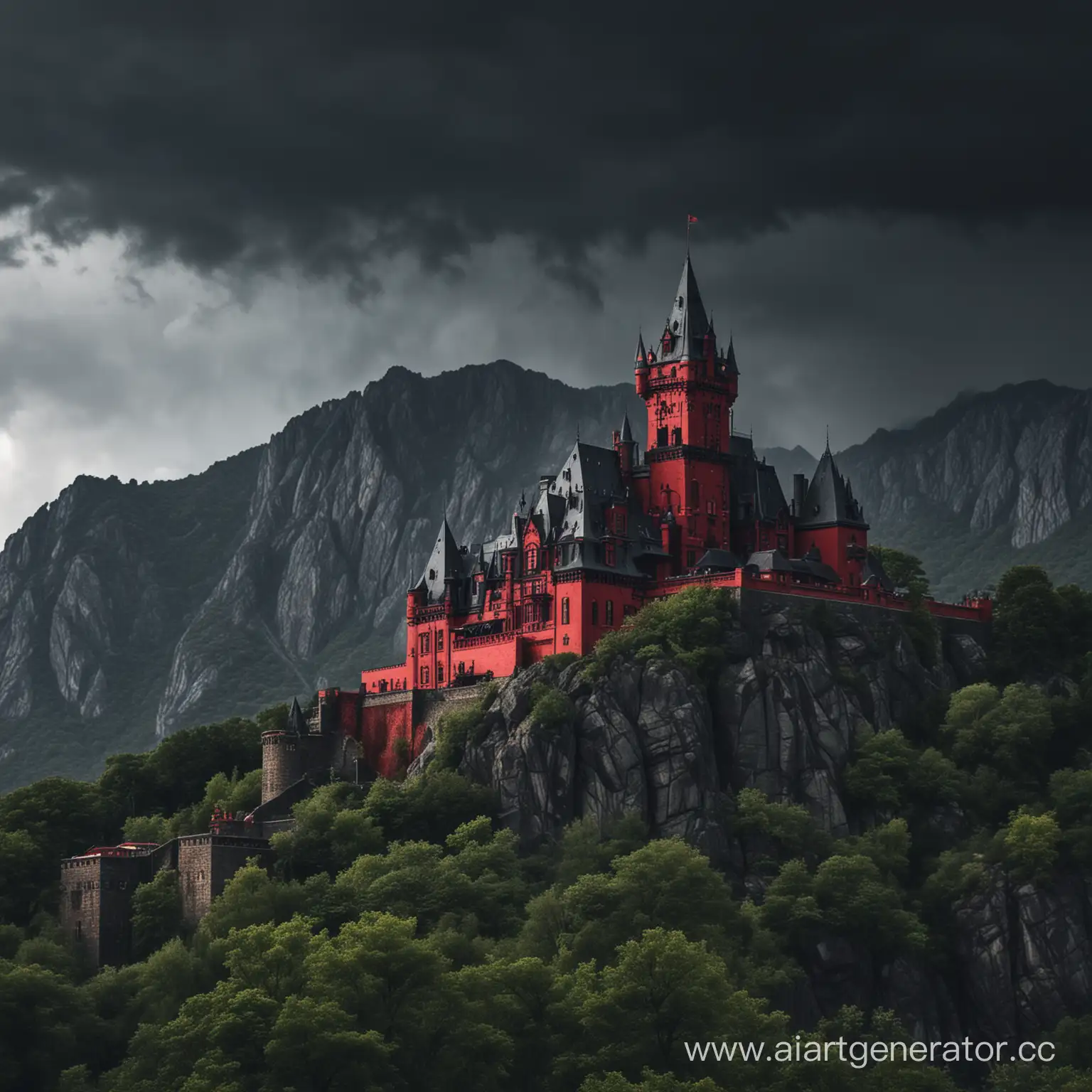 Поместье, похожее на замок в чёрно-красных оттенках на горно-холмистой местности в надвигающуюся грозу.