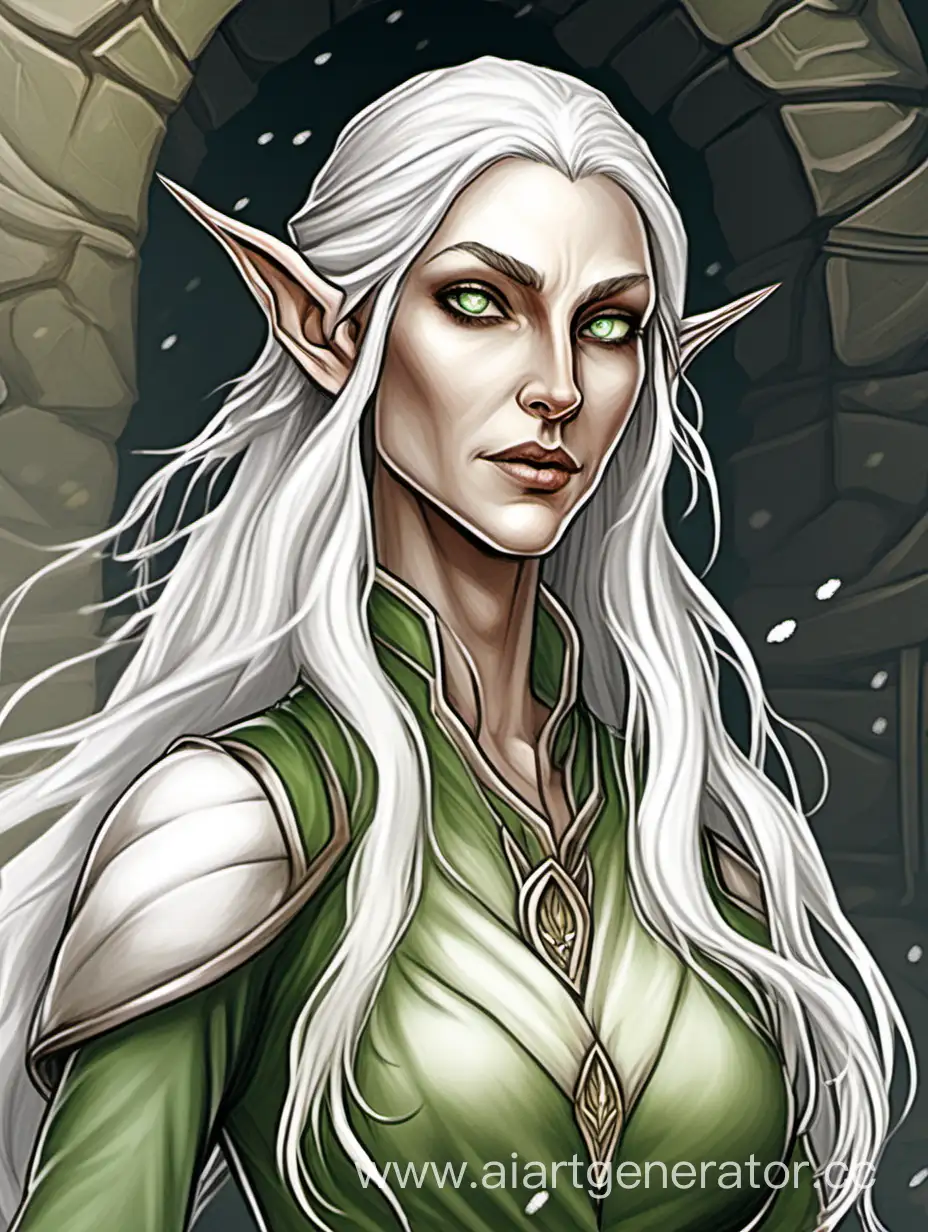 An adult female elf, about thirty-five years old. Tall, statuesque with sharp features. She has fair skin, light green eyes and snow-white long hair gathered in a bud. There are a few small wrinkles on her face. Her pointed ears are not too long, pressed against her head like ordinary people. 