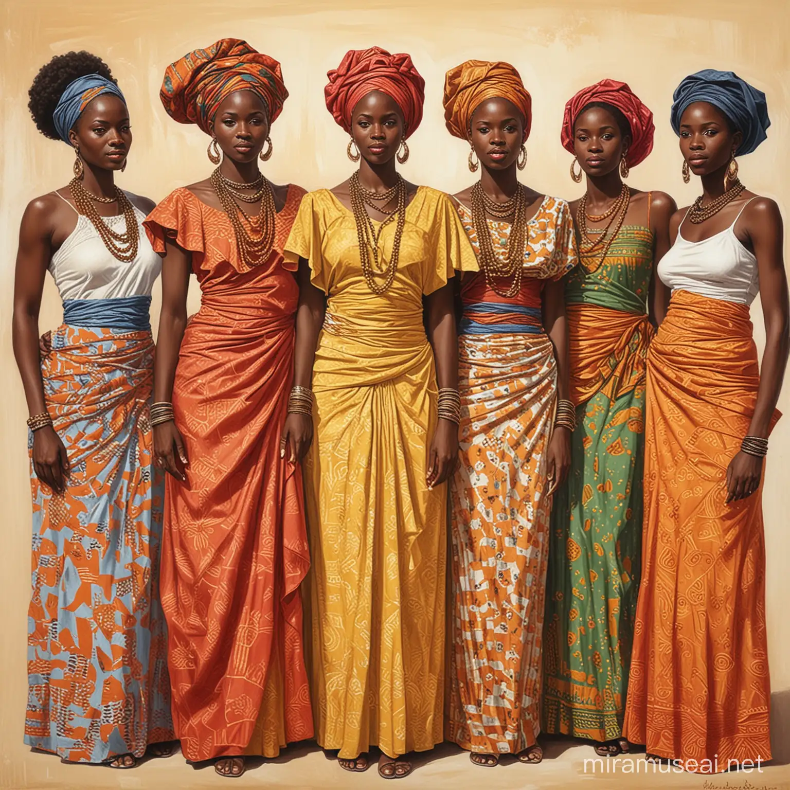 group of African women standing together in the art style of Madge Scott