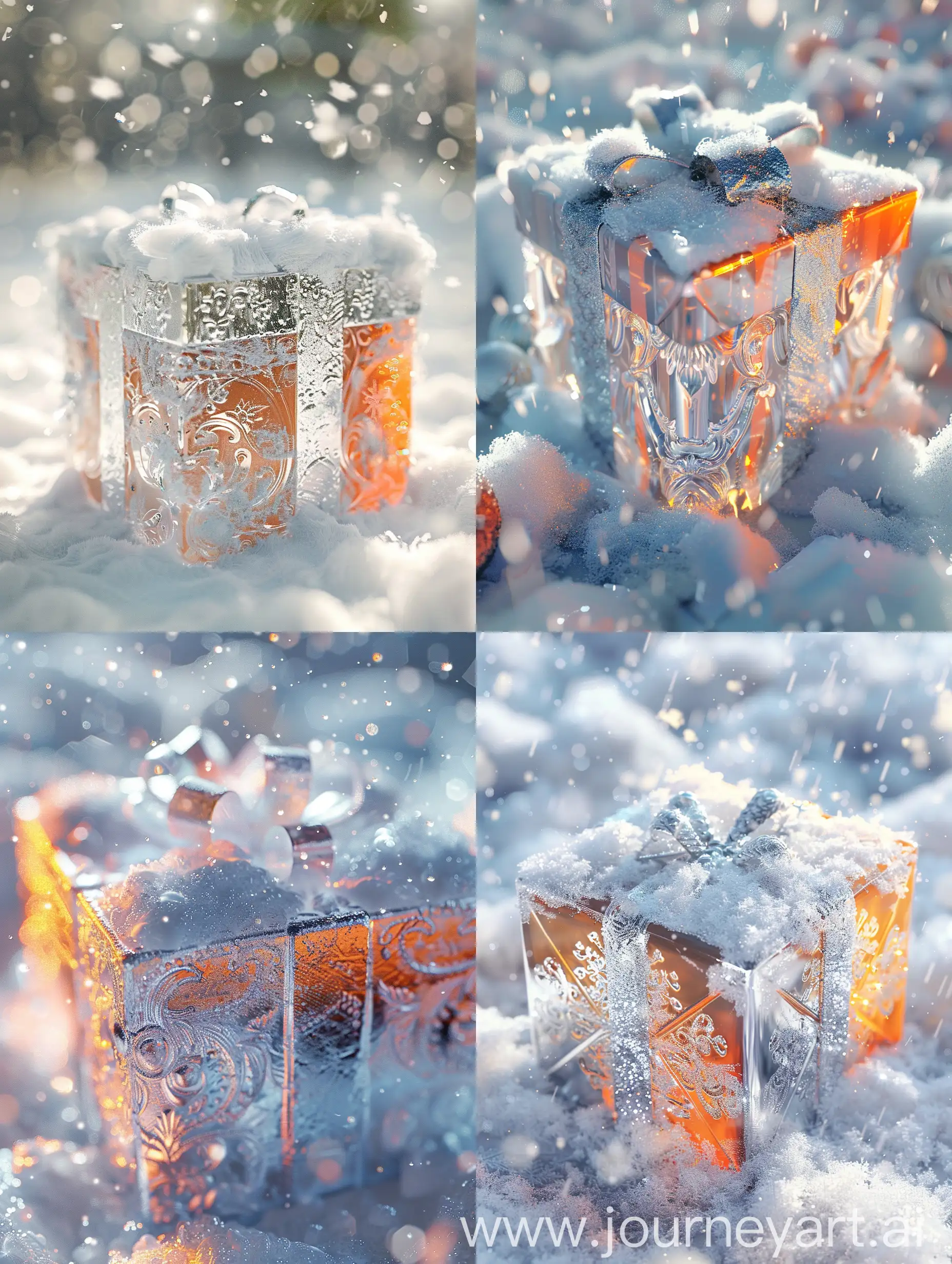 a beautiful Rococo color gift box covered in snow, in the style of futuristic digital art, realistic usage of light and color, steve henderson, physically based rendering, glass as material, light silver and light orange,3d