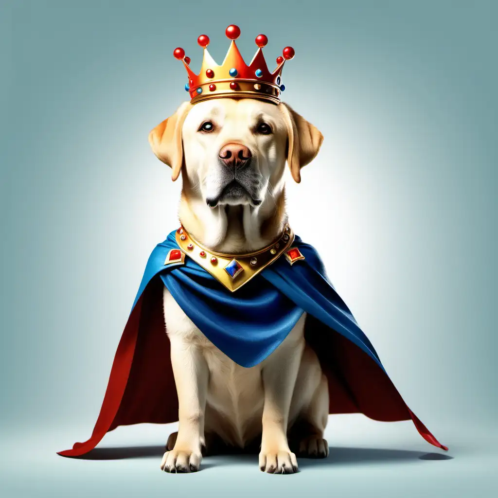 Create a Labrador king character who wears a crown and wearing a cape 