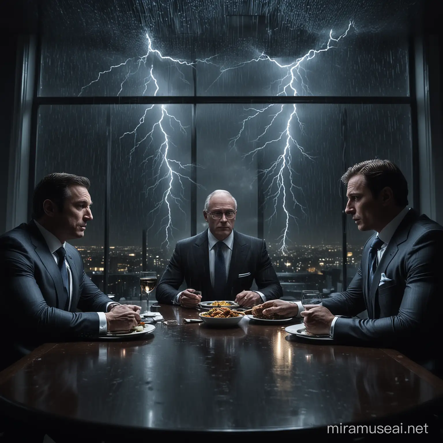 3 bulked billionaires sharing a dinner table, discussing business in a cold dark room at night during a thunderstorm occuring outside the window 