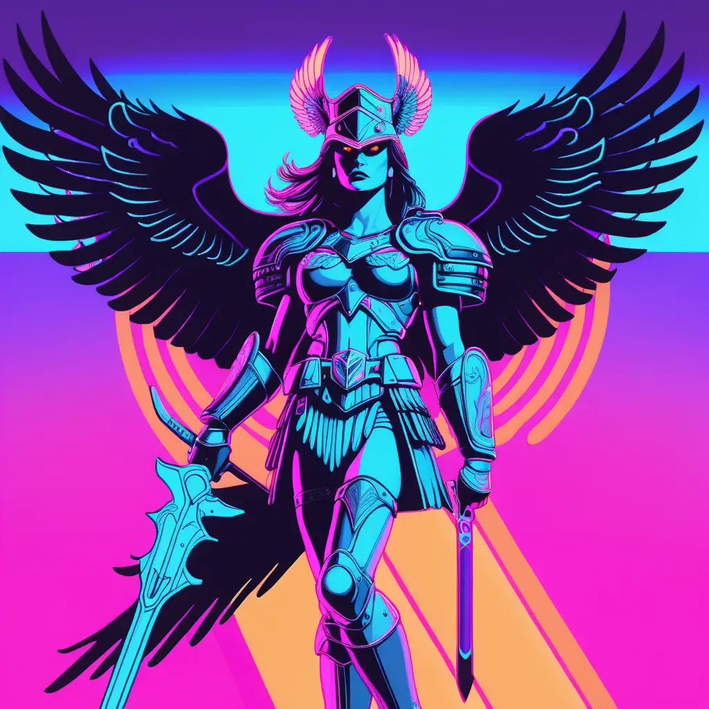 Neon Valkyrie with Raven Head Stands Amidst Battlefield in Retro 80s Glory