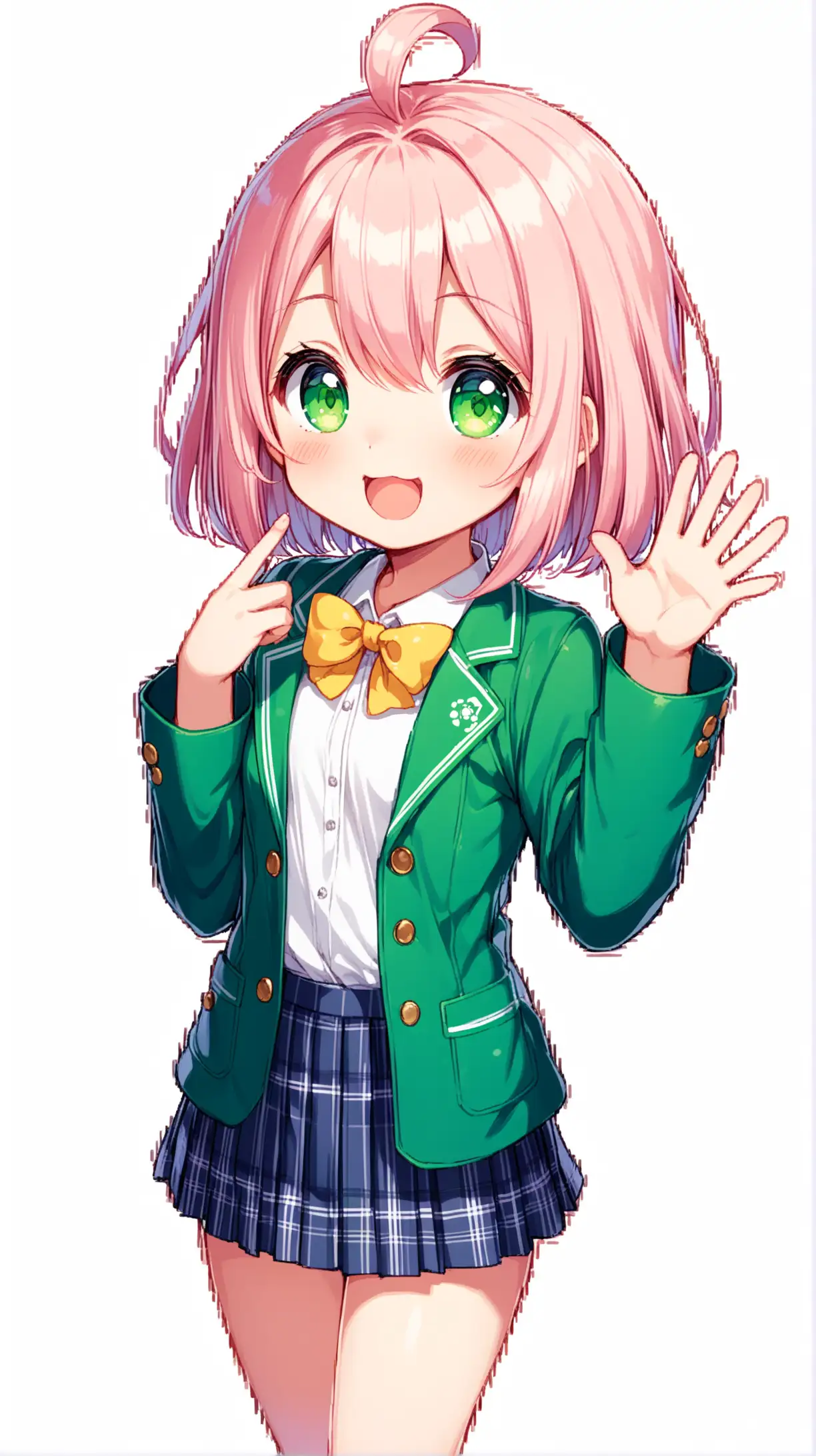 a 2D character sprite, game CG, perfect, Yui Yuigahama, 1girl, cute anime girl, light pink hair, ahoge, short hair down, hair between eyes, (green eyes:1.5), detailed hair, cute expression, detailed eyes, 16k, hd, high resolution, best quality, cute, (looking at viewer), adorable, full body, (one side up), happy, plaid skirt, one arm up, waving hand, eye level, (yellow scrunchie), navy blue jacket, school uniform, open jacket, Genki Girl, open mouth, white background