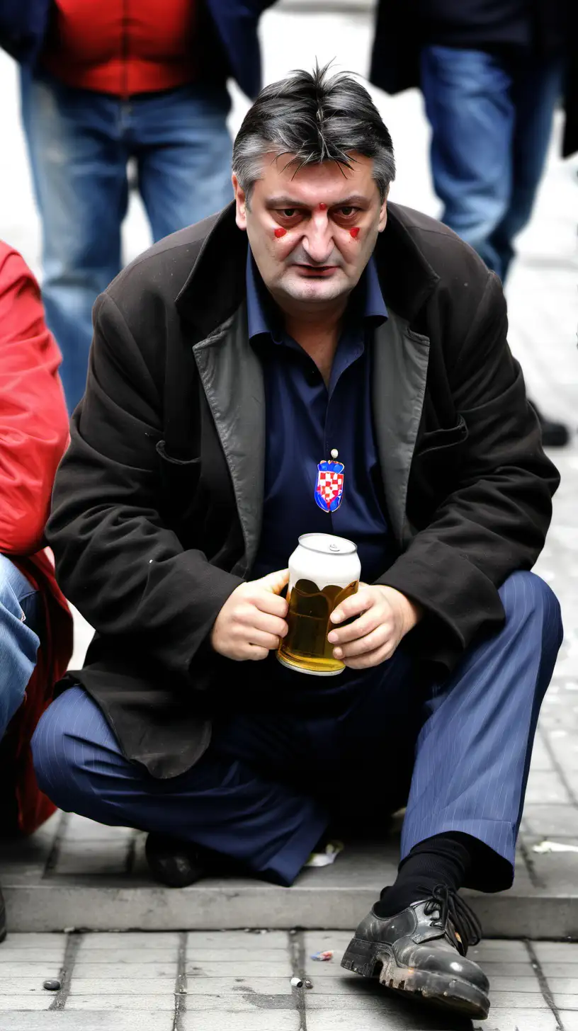 Croatian president Zoran Milanovic dressed up as a homeless and sitting on the ground drinking beer