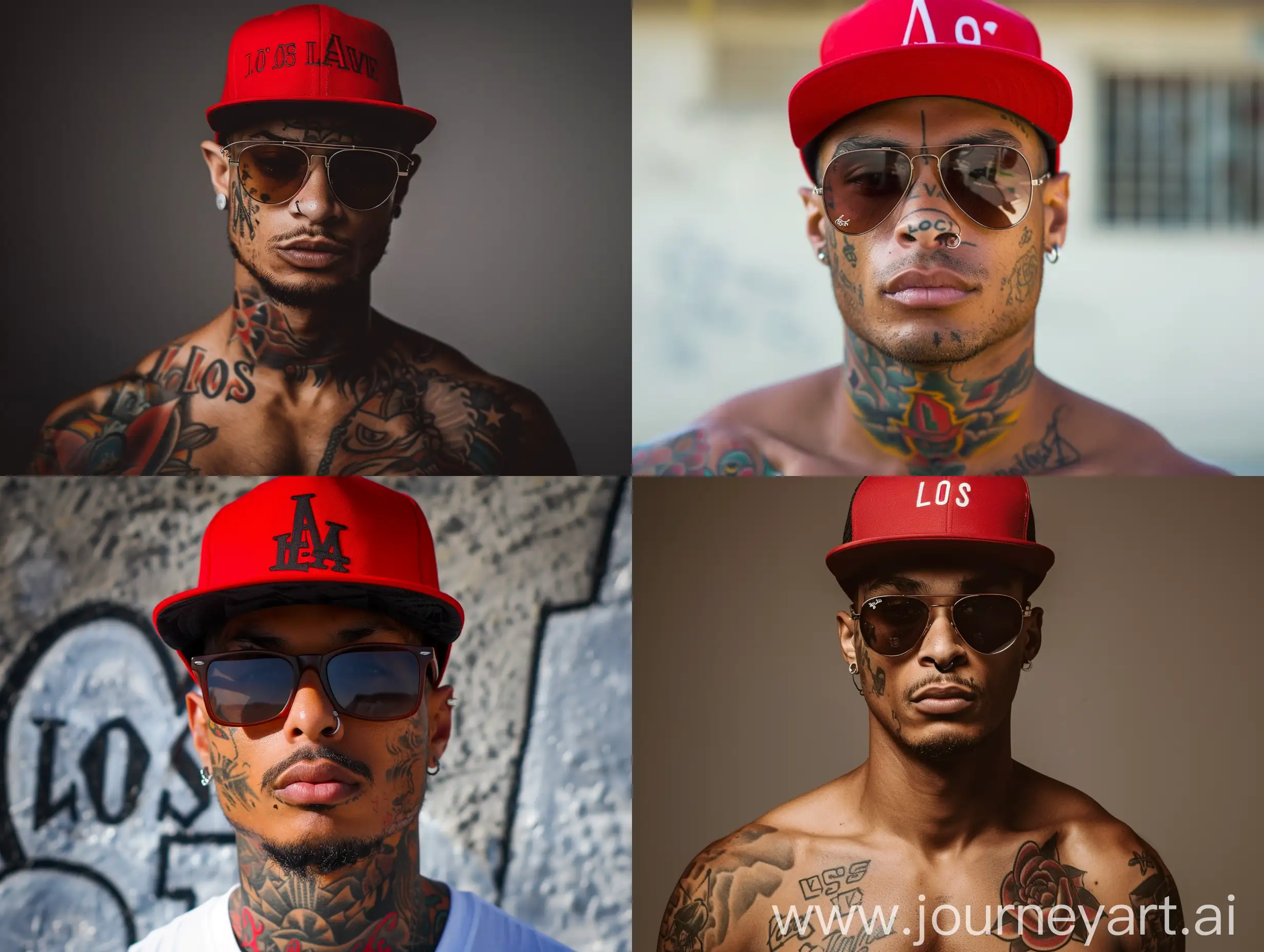 Very Handsome Brown skin male, with flat top sunglasses, Red Los Angeles hat forward, smooth face, gang tattoos. in Los Angeles 
