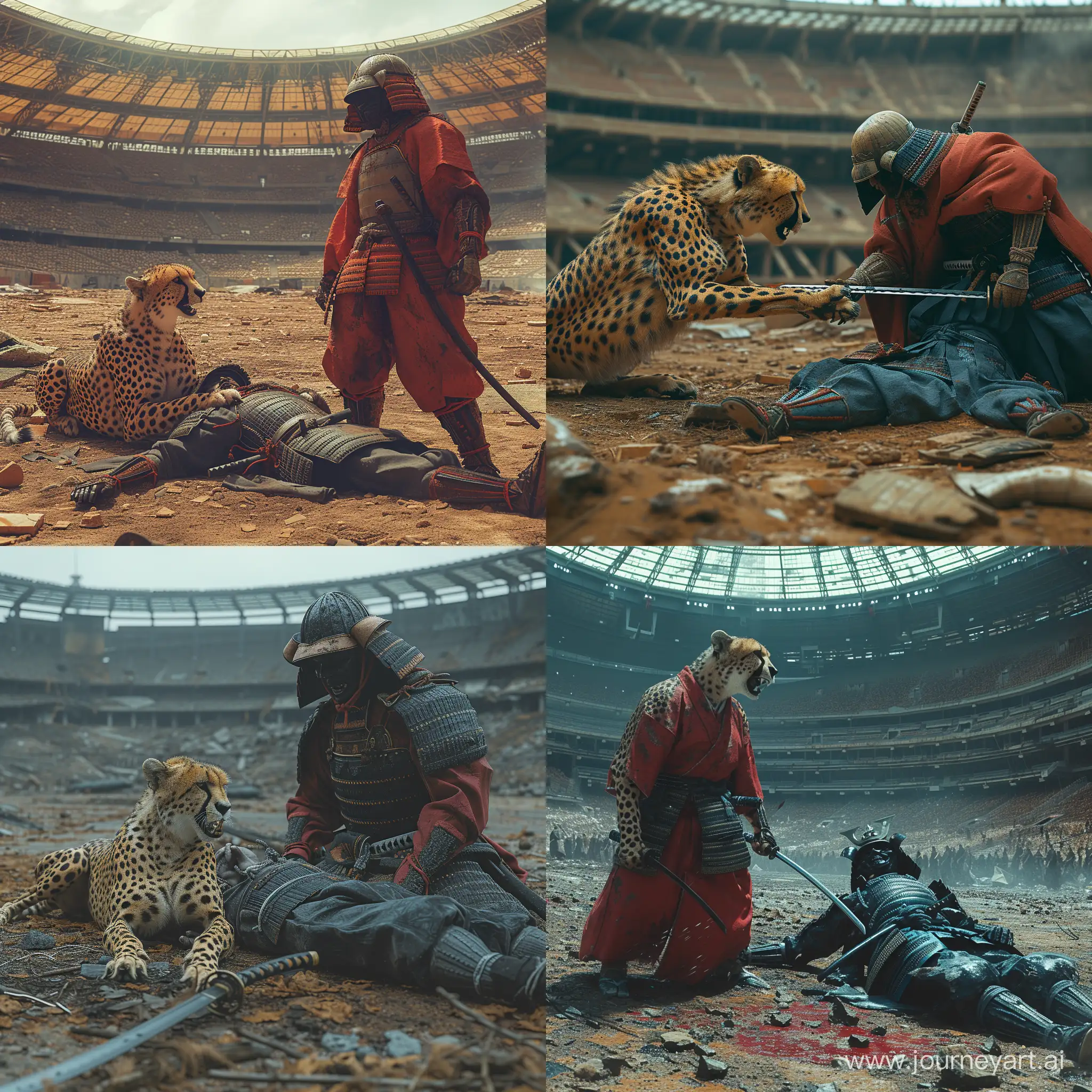 of A Cheetah attacking a Samurai lying on the Ground In the abandoned football stadium, Magic Realism Theme, Affinity Photo Software, Wide Shot, 4k HDR, High Precision--ar 16:9 --s 500