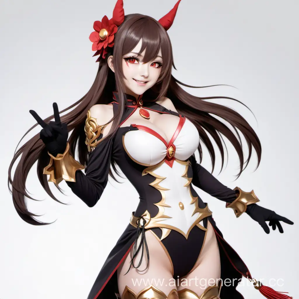 hu tao \(genshin impact\), shenhe \(genshin impact\), boo tao \(genshin impact\), 1girl, solo, long hair, breasts, looking at viewer, blush, smile, bangs, simple background, brown hair, red eyes, gloves, long sleeves, white background, hair between eyes, twintails, very long hair, standing, ahoge, sidelocks, cowboy shot, clothes lift, grin, symbol-shaped pupils, cosplay, clothing cutout, bodysuit, covered navel, lifted by self, tassel, gold trim, ghost, partially fingerless gloves, black bodysuit, hip vent, shoulder cutout, flower-shaped pupils, side cutout, breast curtain
