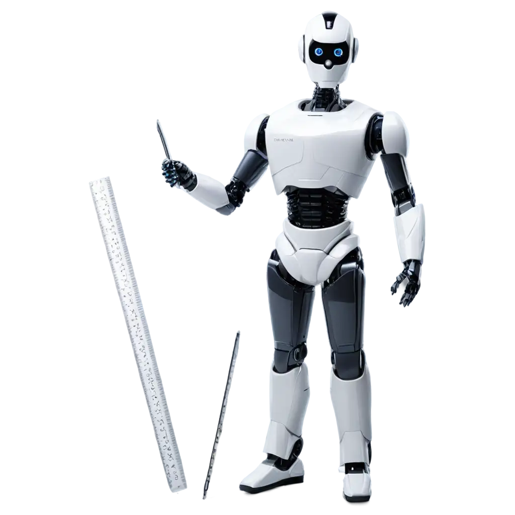 Robot stands with a large ruler in his hand